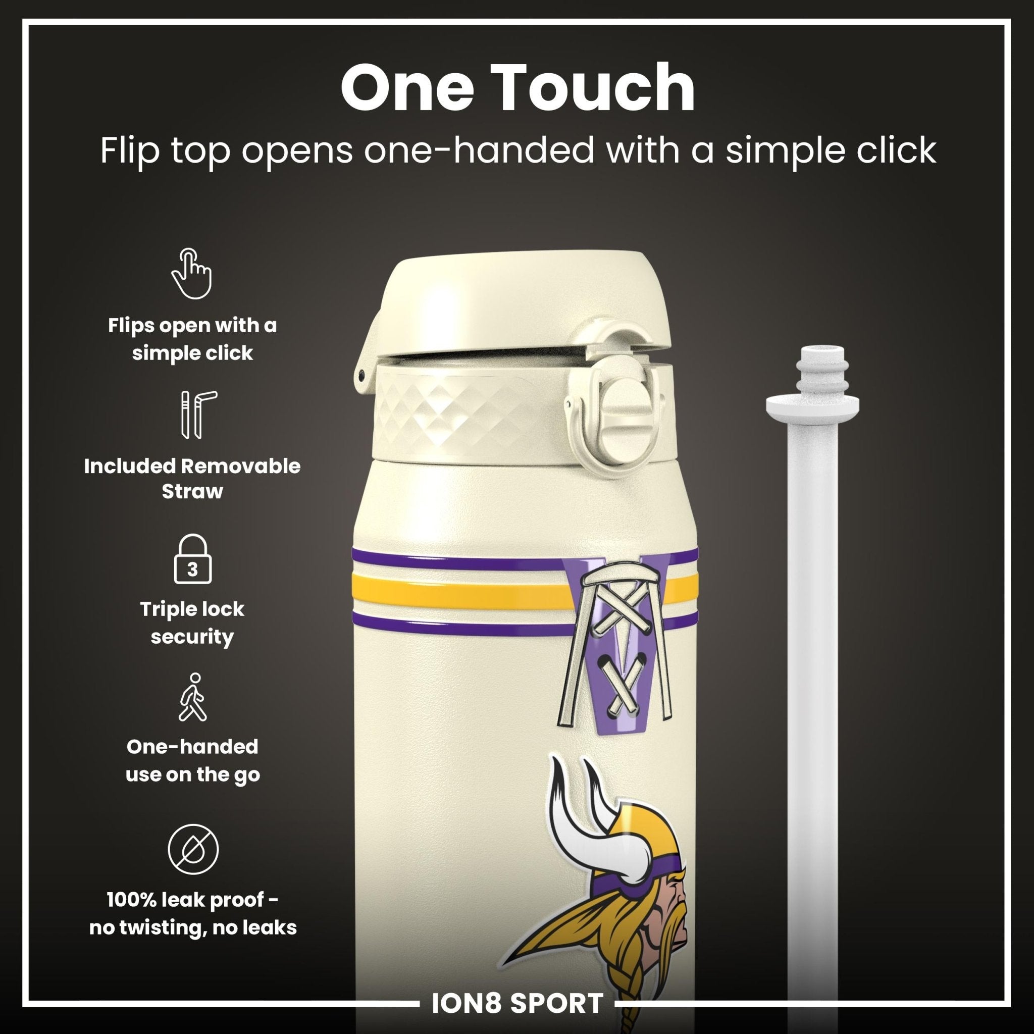 Ion8 NFL Vikings insulated steel water bottle, 750ml, durable design with team logo, perfect for sports and outdoor use.