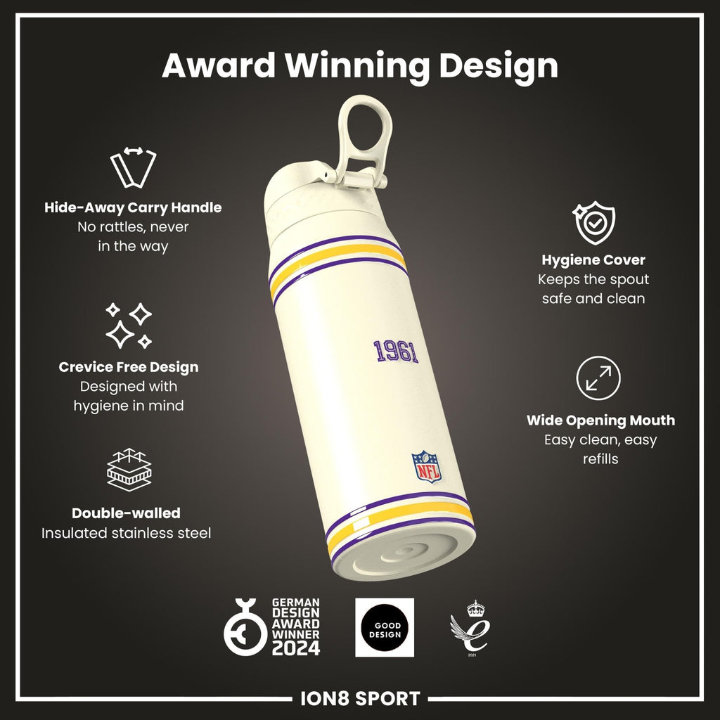 NFL Vikings ION8 insulated steel water bottle, 750ml (24oz), with Vikings logo and stainless steel design.