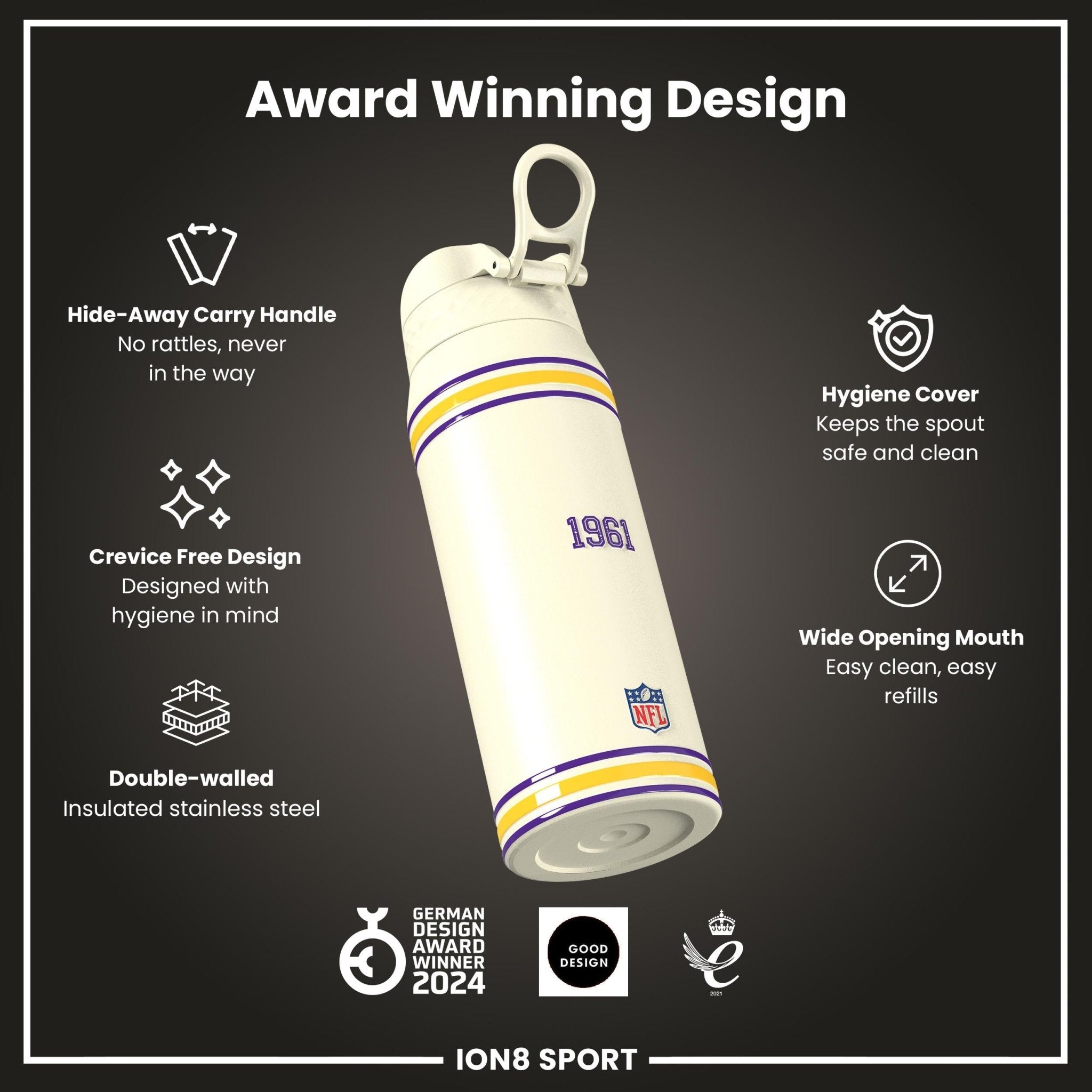NFL Vikings ION8 insulated steel water bottle, 750ml (24oz), with Vikings logo and stainless steel design.