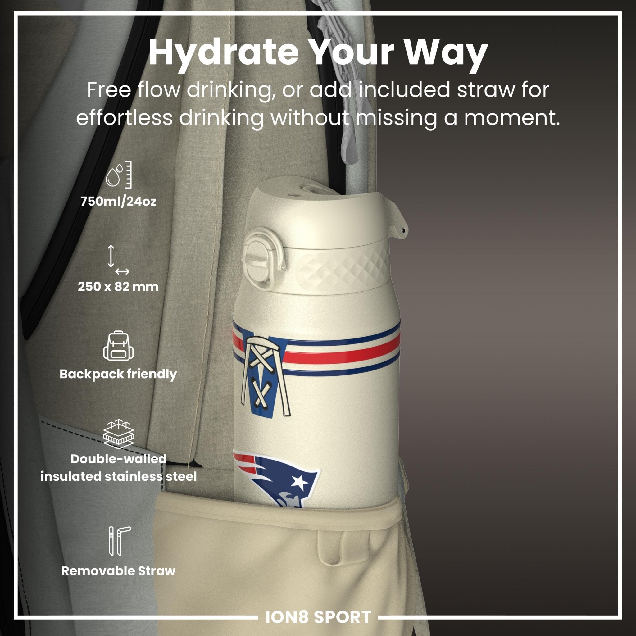 ION8 NFL Patriots insulated steel water bottle, 750ml, with team logo and sleek design, perfect for keeping drinks cold or hot.