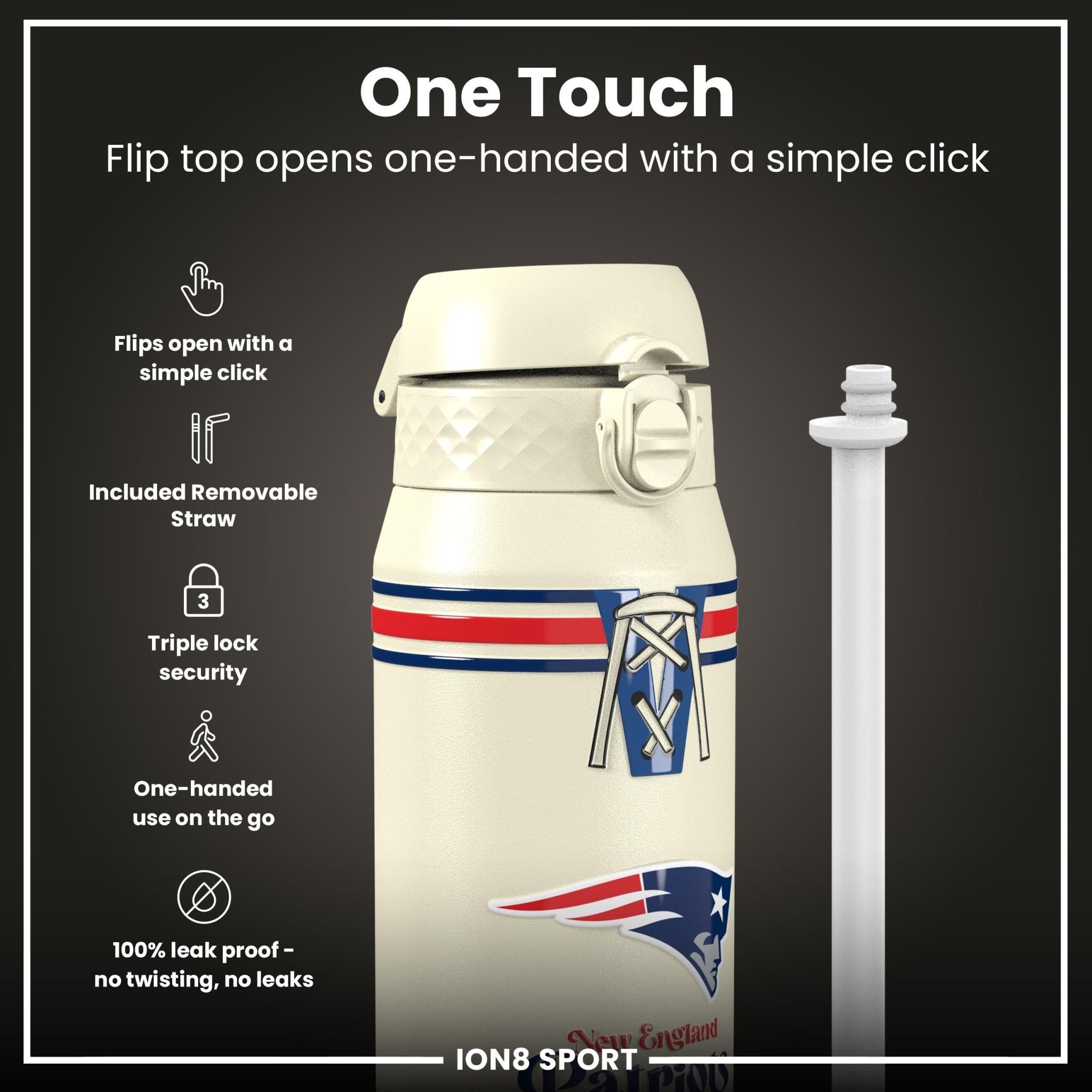 Ion8 NFL Patriots insulated steel water bottle, 750ml, with Patriots logo and stainless steel design for durable hydration.