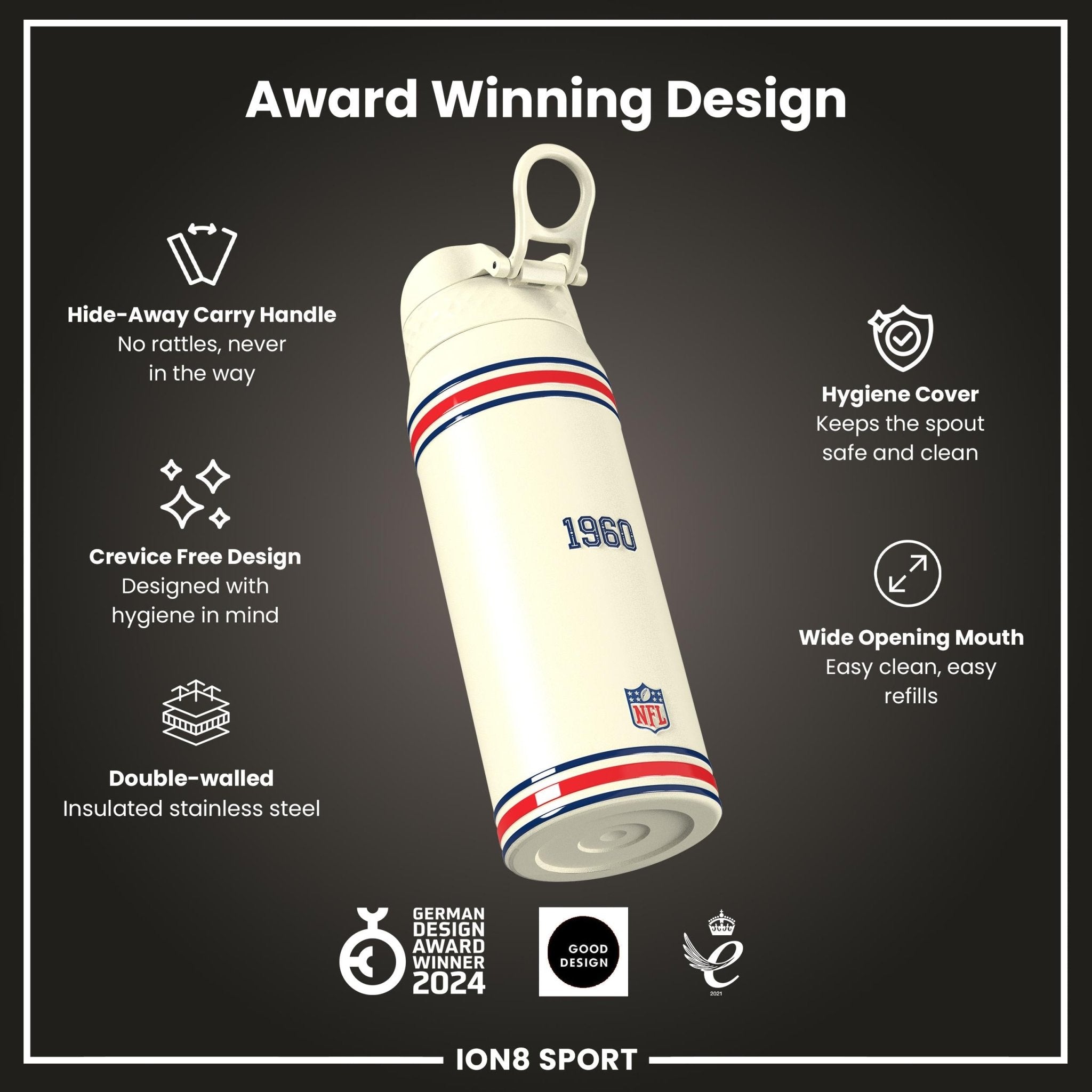 ION8 NFL Patriots insulated steel water bottle, 750ml, durable design with team logo, perfect for sports and outdoor activities