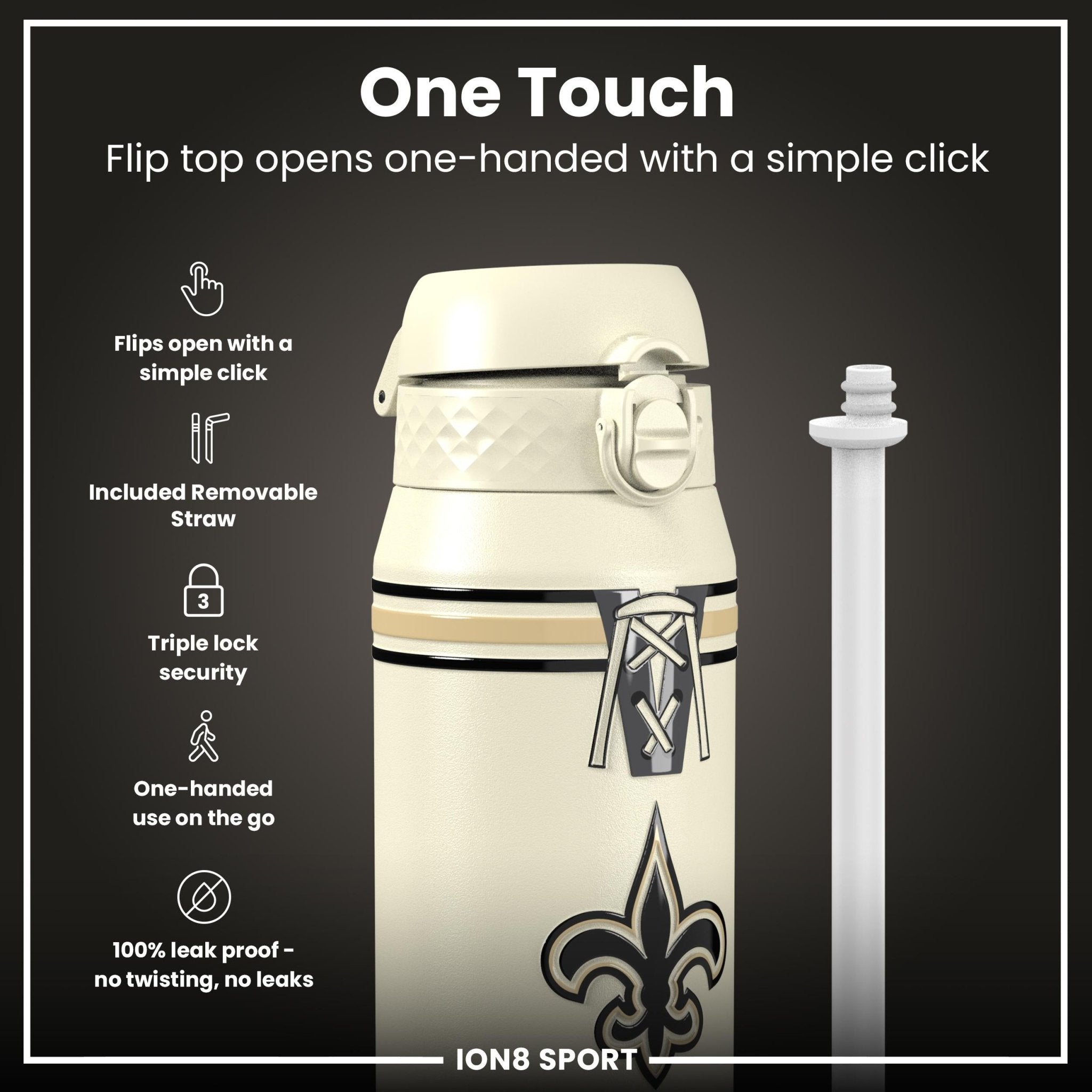ION8 NFL Saints insulated steel water bottle, 750ml (24oz), durable and leak-proof with team logo design.
