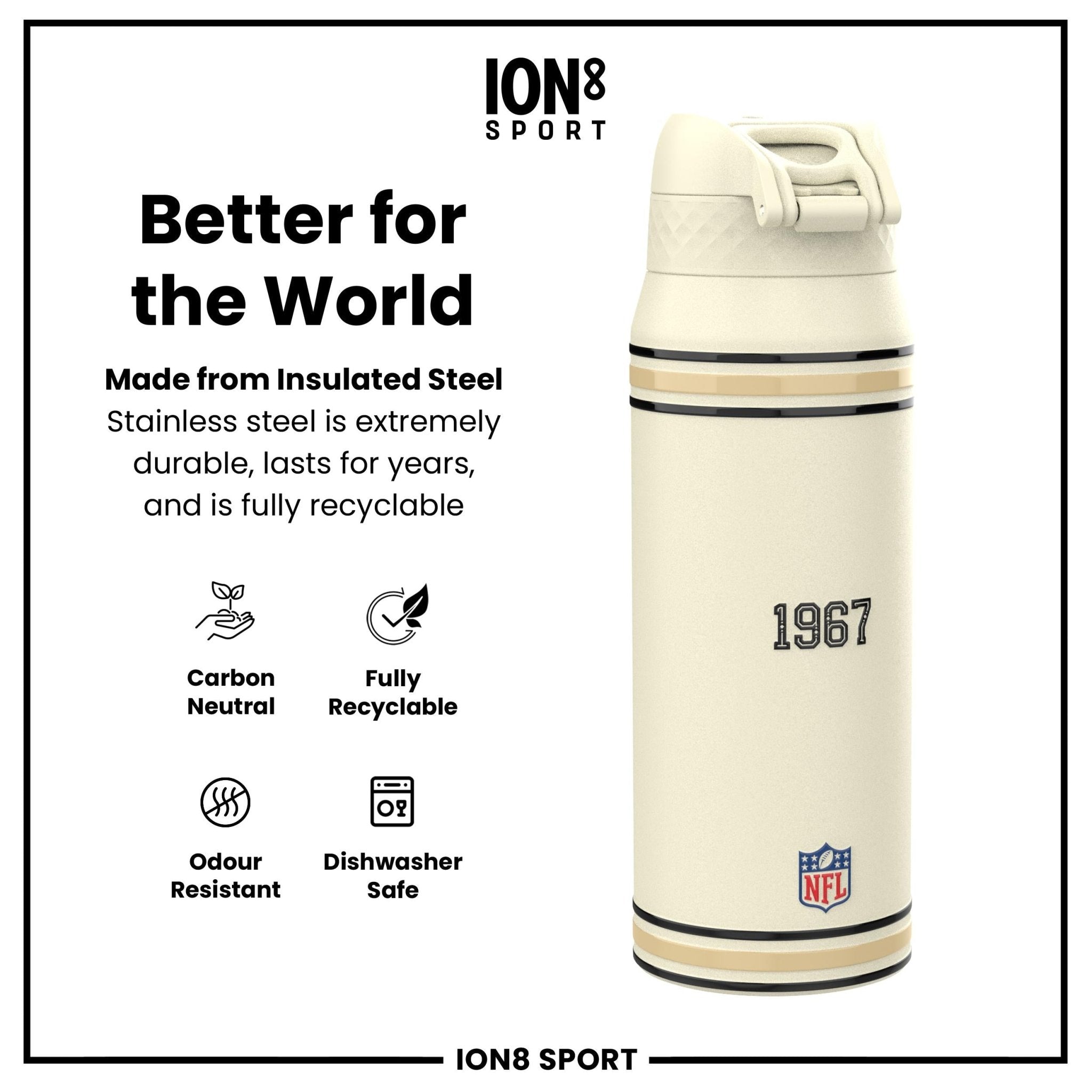 ION8 NFL Saints insulated steel water bottle, 750ml, with team logo and black lid, designed for hot and cold beverages.