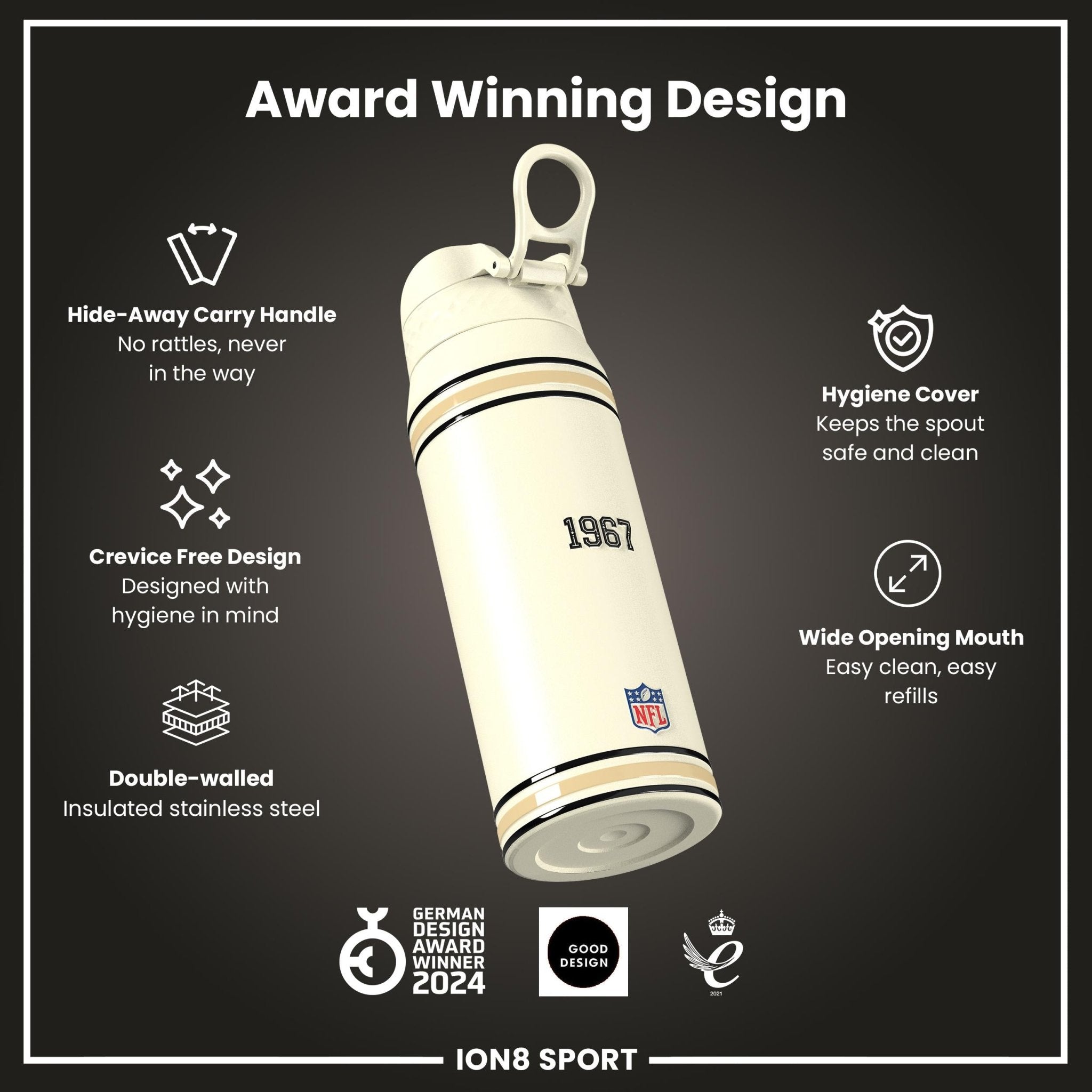 ION8 NFL Saints insulated steel water bottle, 750ml, with team logo and durable design for sports and outdoor use