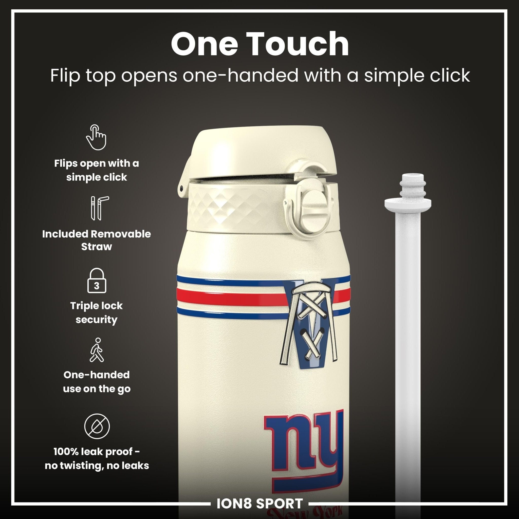 ION8 NFL Giants insulated steel water bottle, 750ml, with team logo and sturdy design for cold drinks.