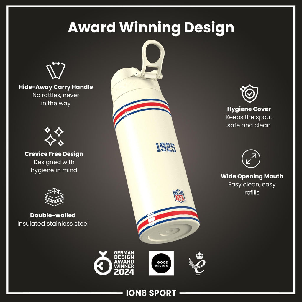 ION8 NFL Giants insulated steel water bottle, 750ml, with team logo and durable design, ideal for sports and hydration.