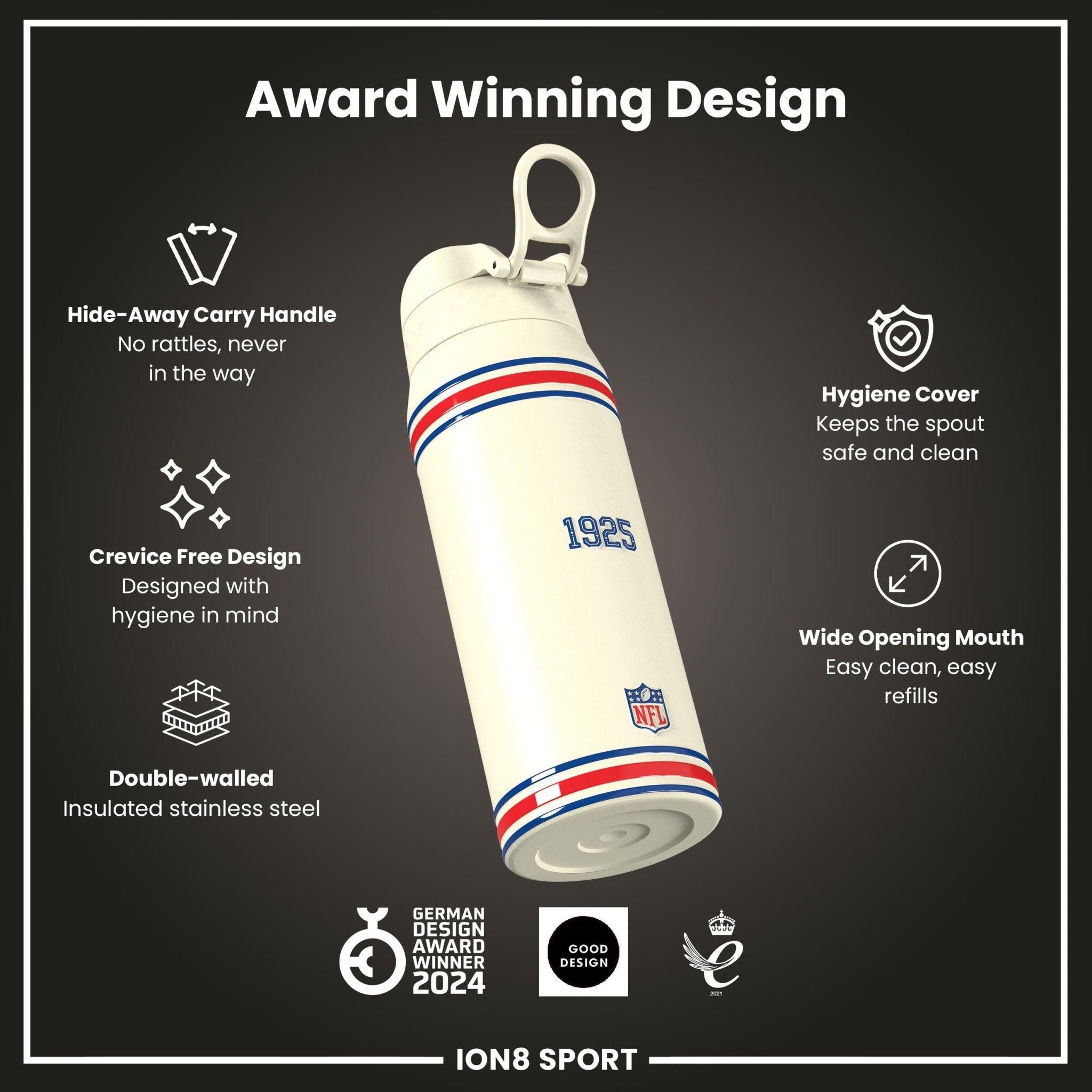 ION8 NFL Giants insulated steel water bottle, 750ml, with team logo and durable design, ideal for sports and hydration.