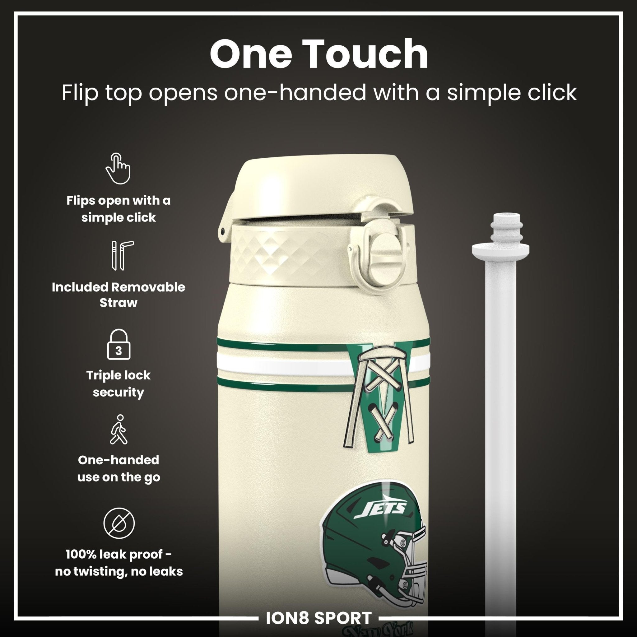 ION8 NFL Jets insulated steel water bottle, 750ml, with team logo, durable design, and leak-proof lid for sports and daily use