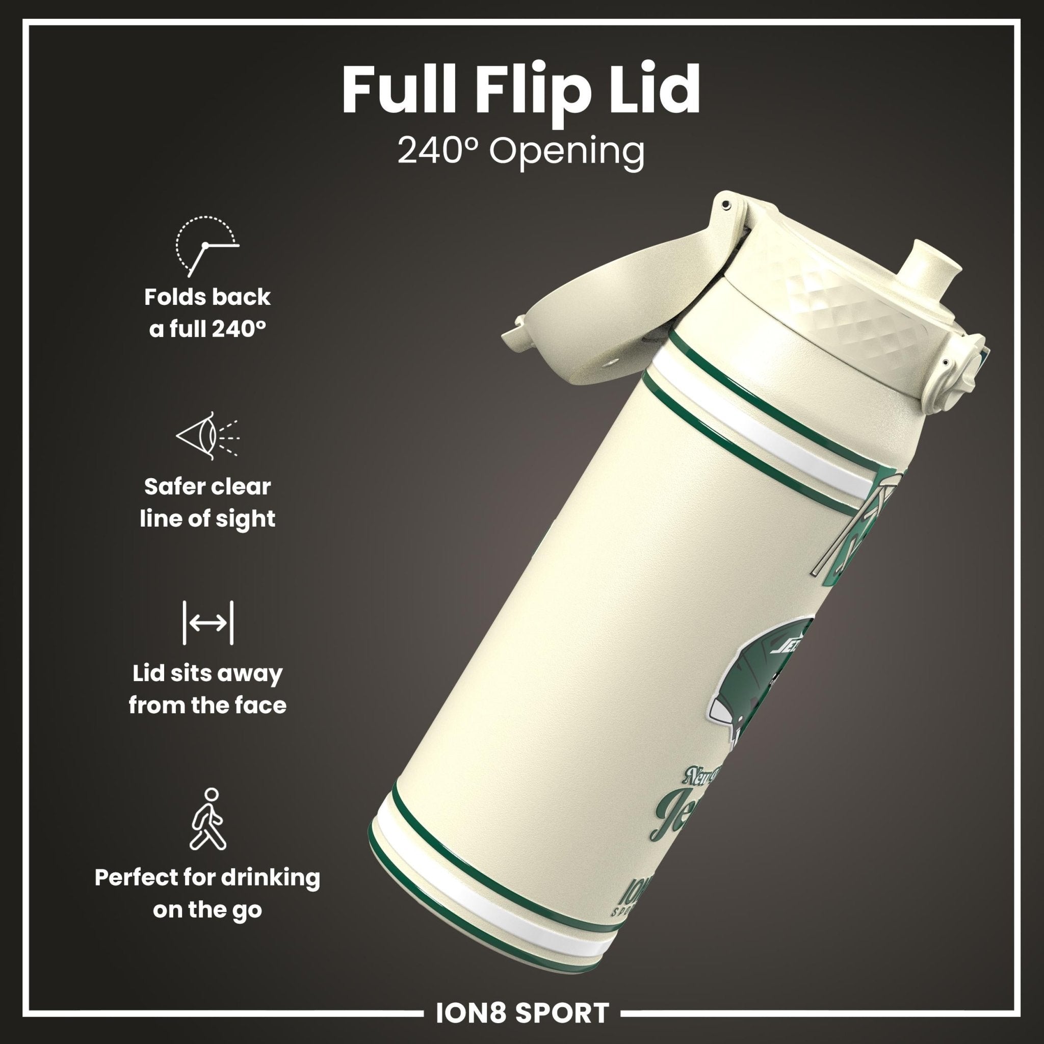 NFL Jets ION8 insulated steel water bottle, 750ml, with team logo and stainless steel design for hot and cold drinks.