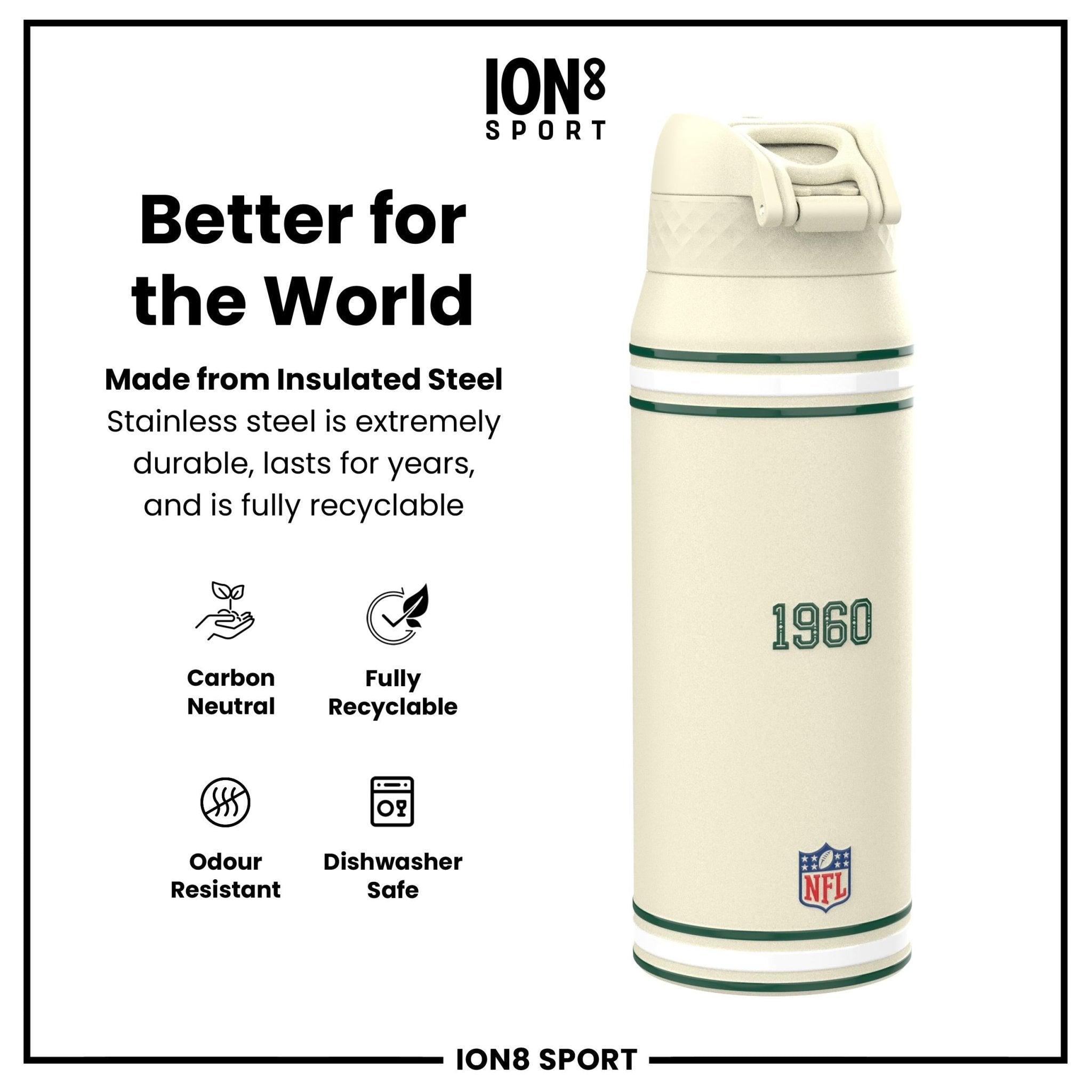 ION8 NFL Jets insulated steel water bottle, 750ml (24oz), durable design with team logo, perfect for staying hydrated on the go