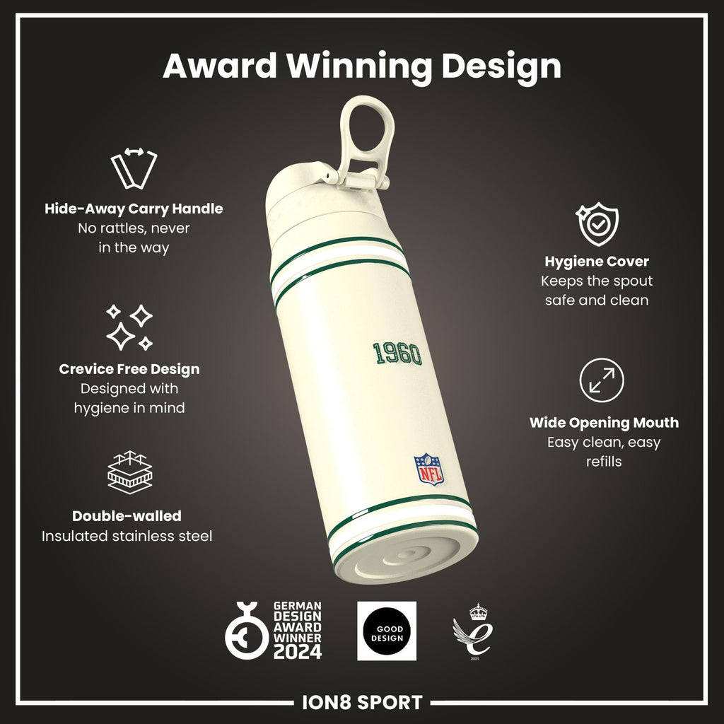 Ion8 NFL Jets insulated steel water bottle, 750ml, with team logo and secure lid, durable and portable for sports and outdoor use.