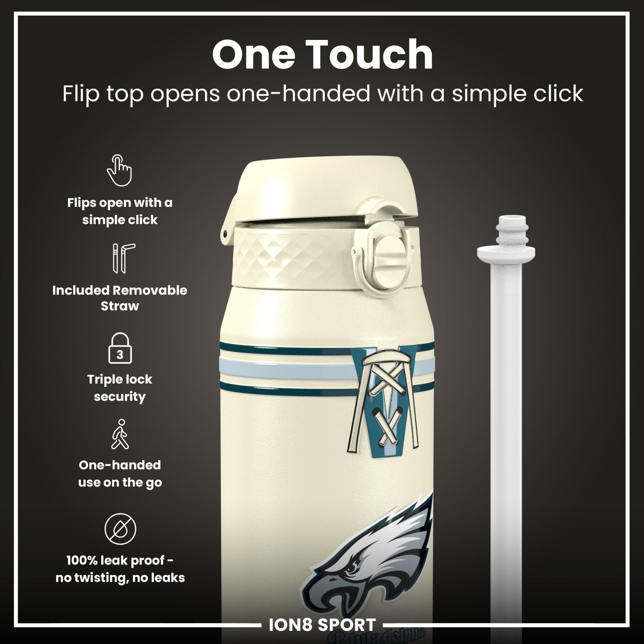 ION8 NFL Eagles insulated steel water bottle, 750ml, durable design with team logo, perfect for keeping drinks hot or cold.