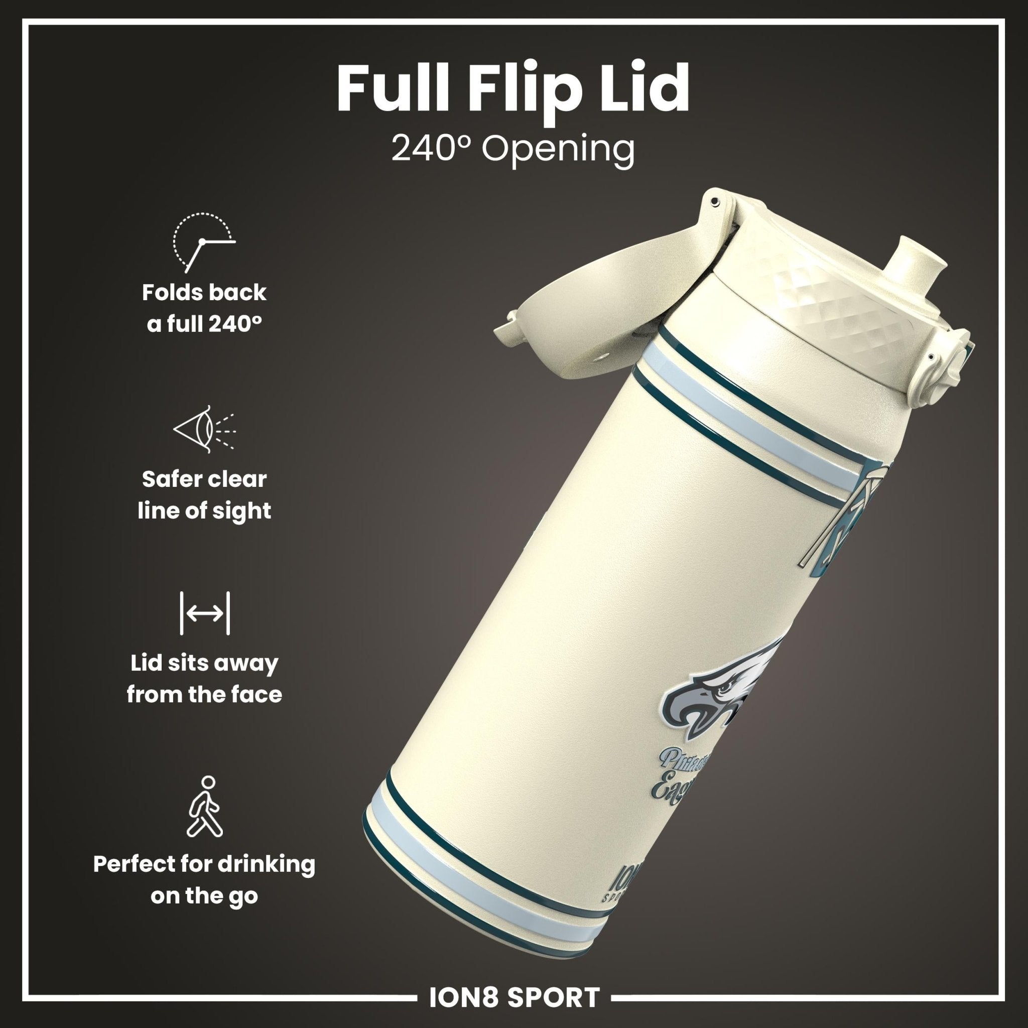 ION8 NFL Eagles insulated steel water bottle, 750ml, durable design with team logo, ideal for sports and outdoor use