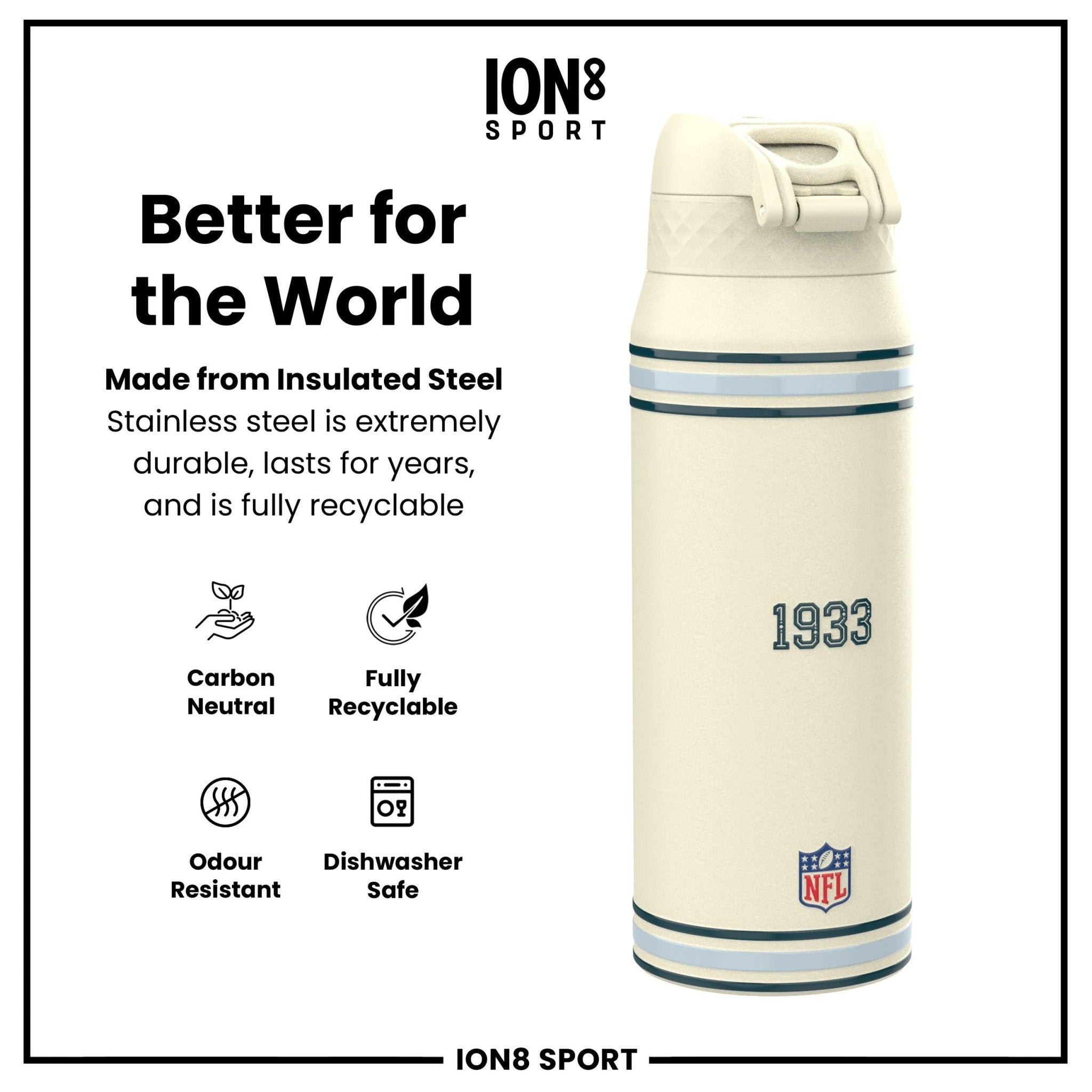 ION8 NFL Eagles insulated steel water bottle, 750ml, with green and black design, featuring Eagles logo and leak-proof lid.