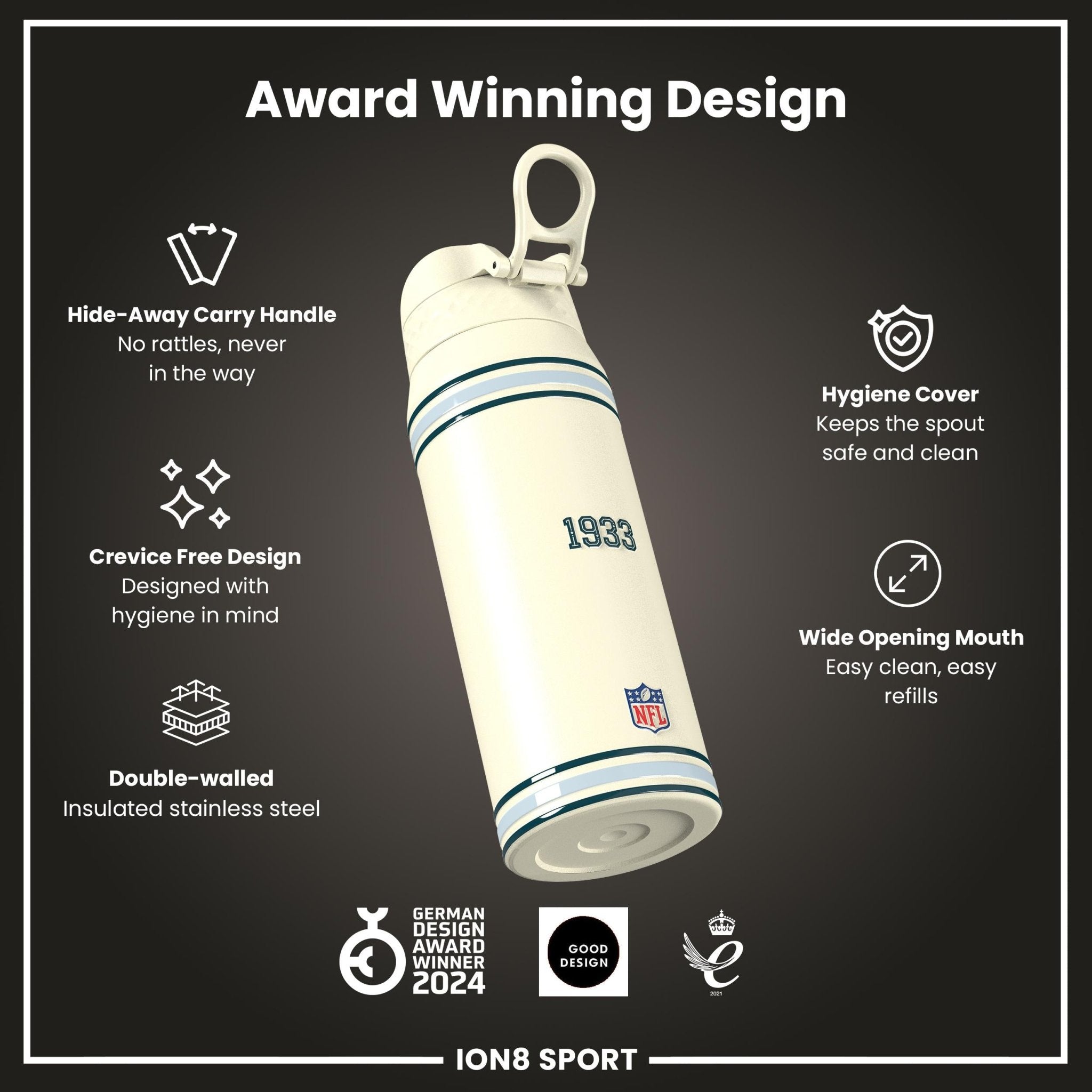 ION8 NFL Eagles insulated steel water bottle, 750ml, with team logo and durable design, perfect for staying hydrated on the go.
