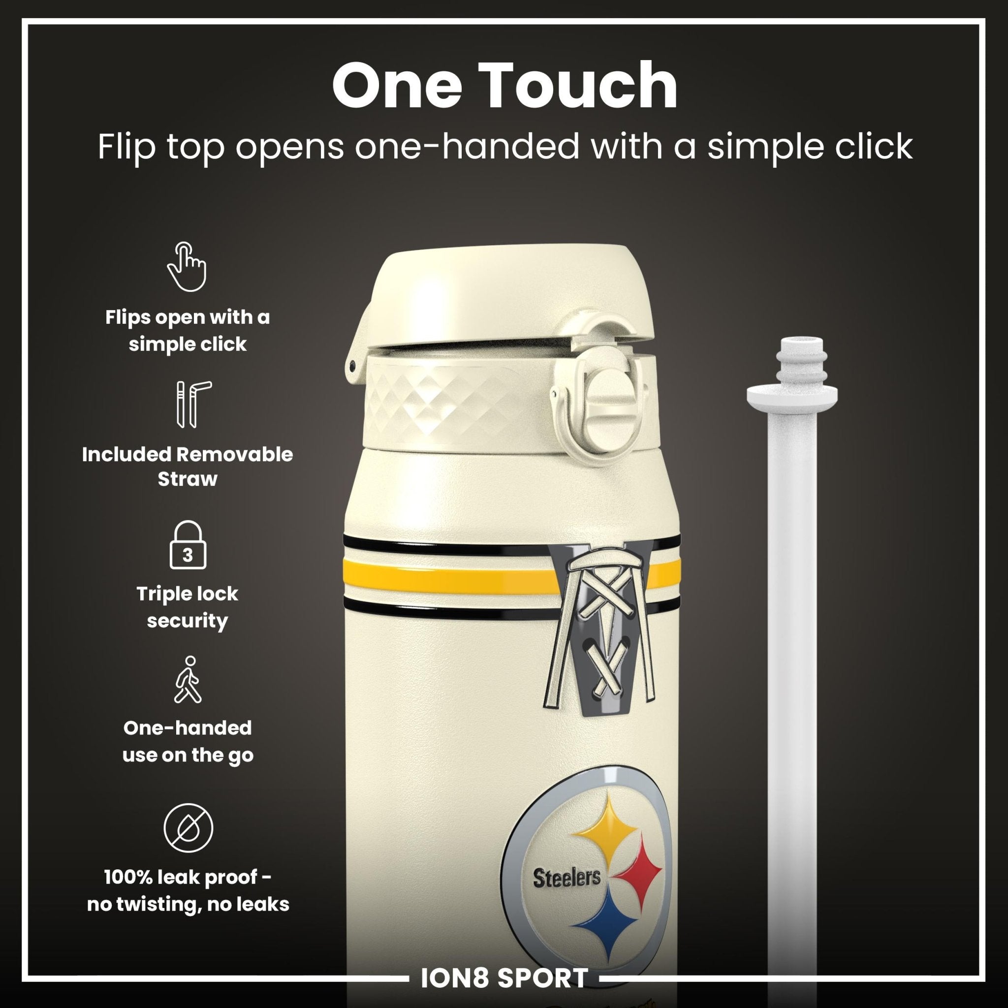 Ion8 NFL Steelers insulated steel water bottle, 750ml, with team logo and secure lid, designed for keeping drinks hot or cold.