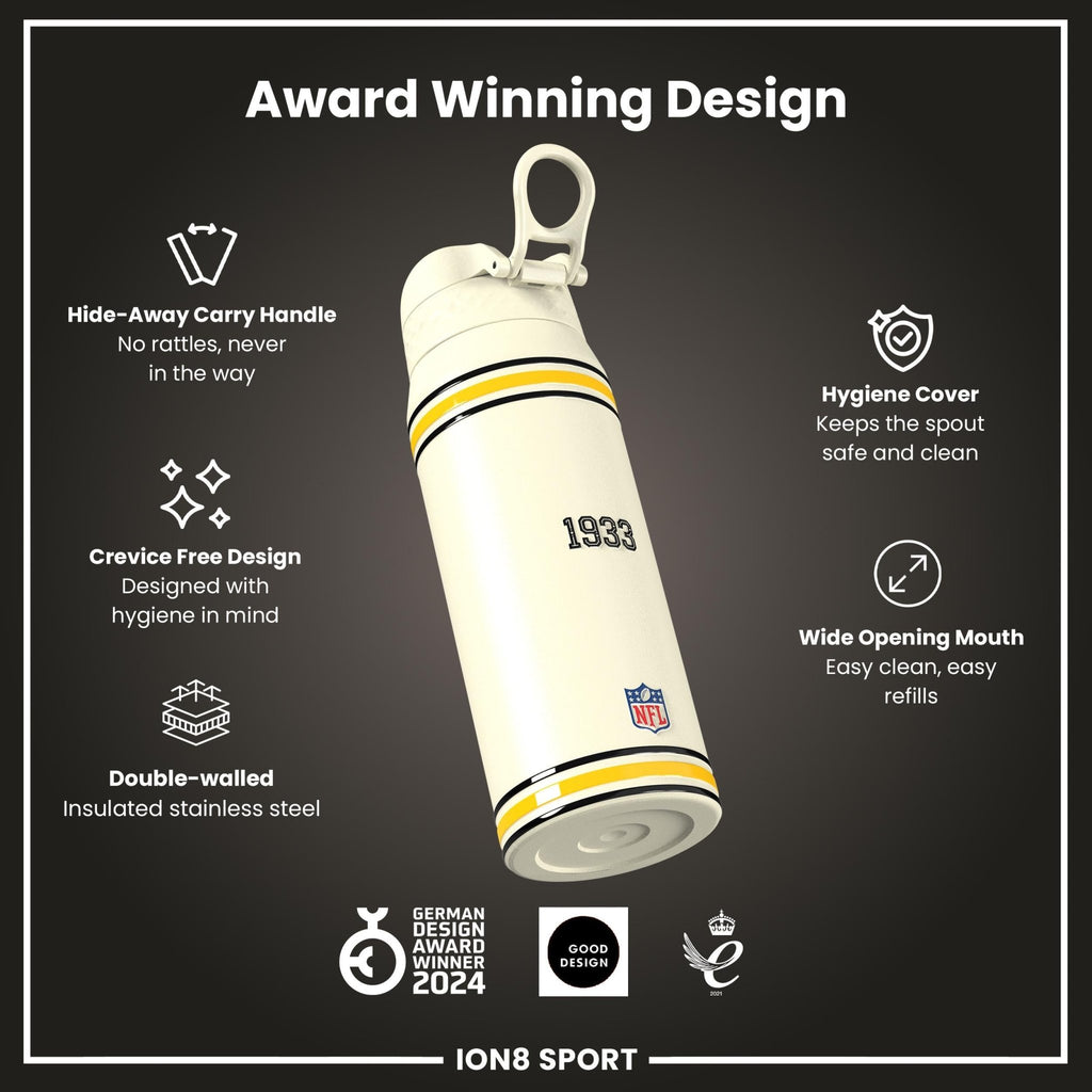 ION8 NFL Steelers insulated steel water bottle, 750ml, with team logo and durable design for hot and cold beverages.