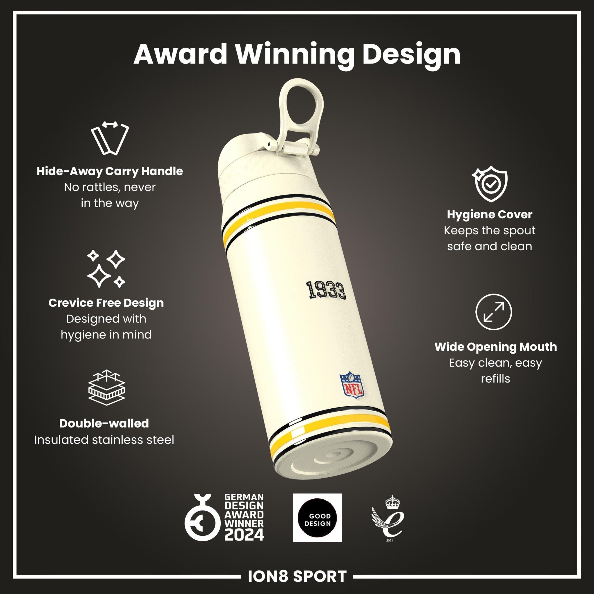 ION8 NFL Steelers insulated steel water bottle, 750ml, with team logo and durable design for hot and cold beverages.