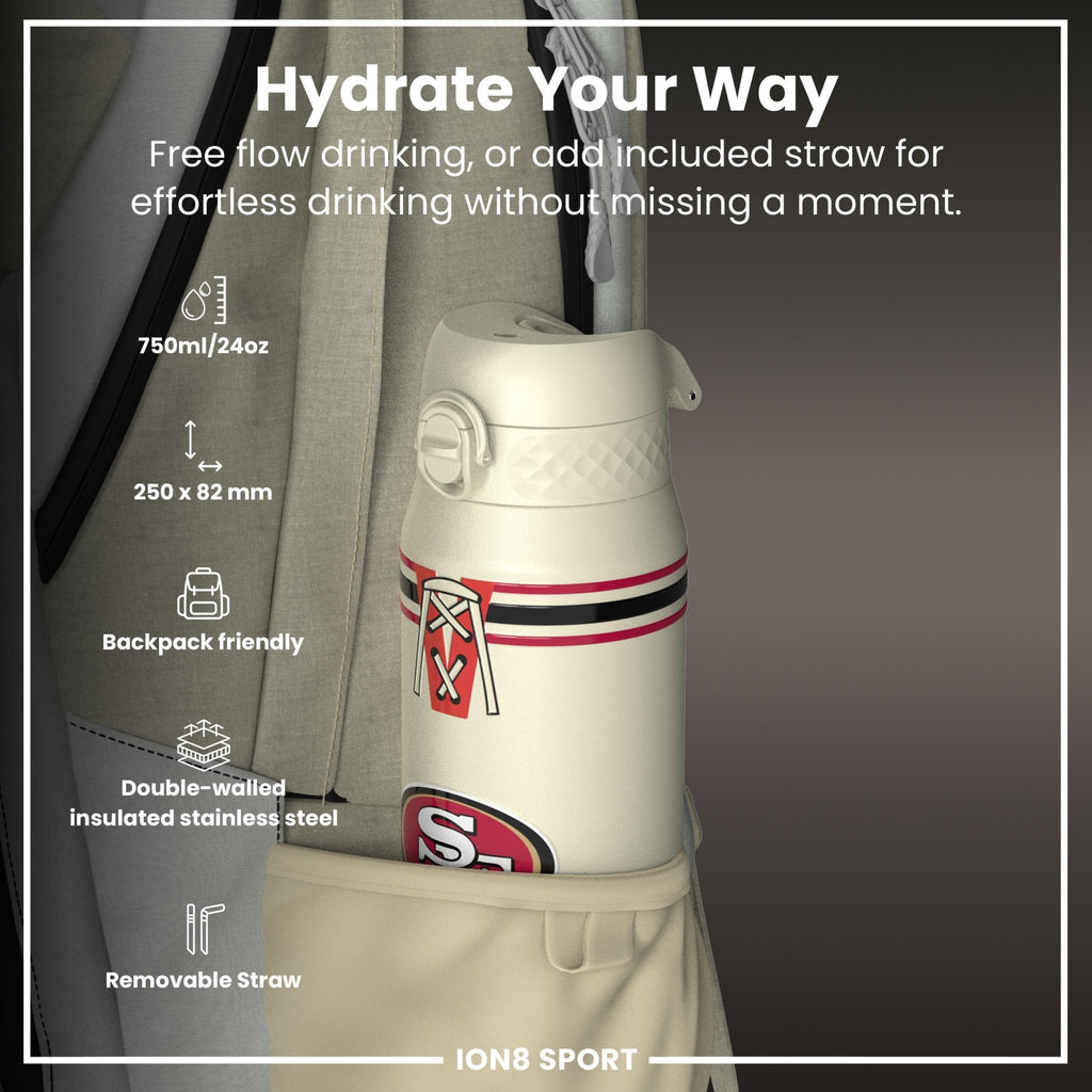ION8 NFL 49ers insulated steel water bottle, 750ml (24oz), durable design with team logo and leak-proof cap.