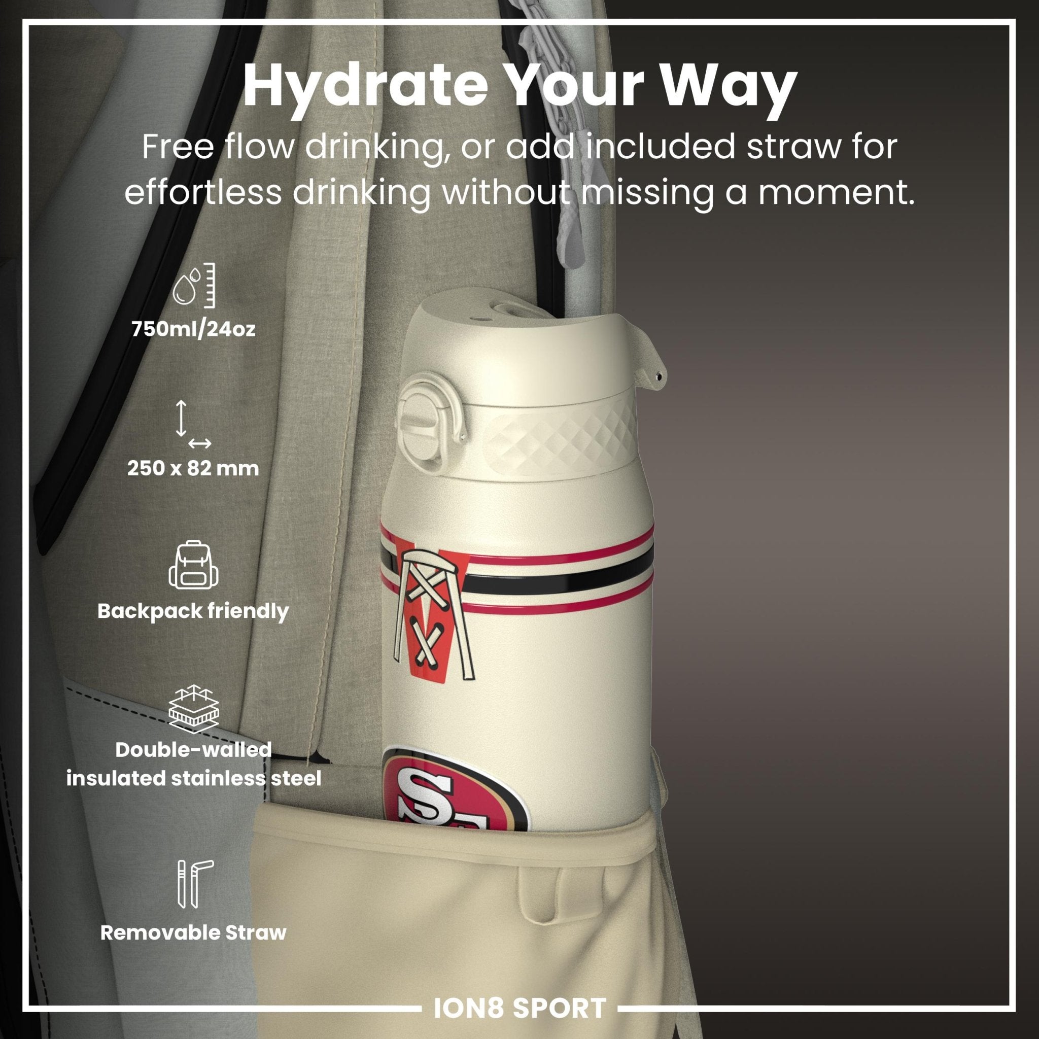 ION8 NFL 49ers insulated steel water bottle, 750ml (24oz), durable design with team logo and leak-proof cap.