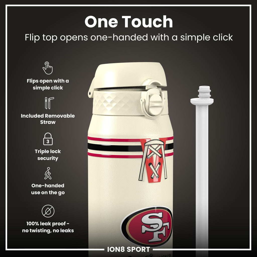ION8 NFL 49ers insulated steel water bottle, 750ml (24oz), with team logo and sleek design for hot and cold beverages.