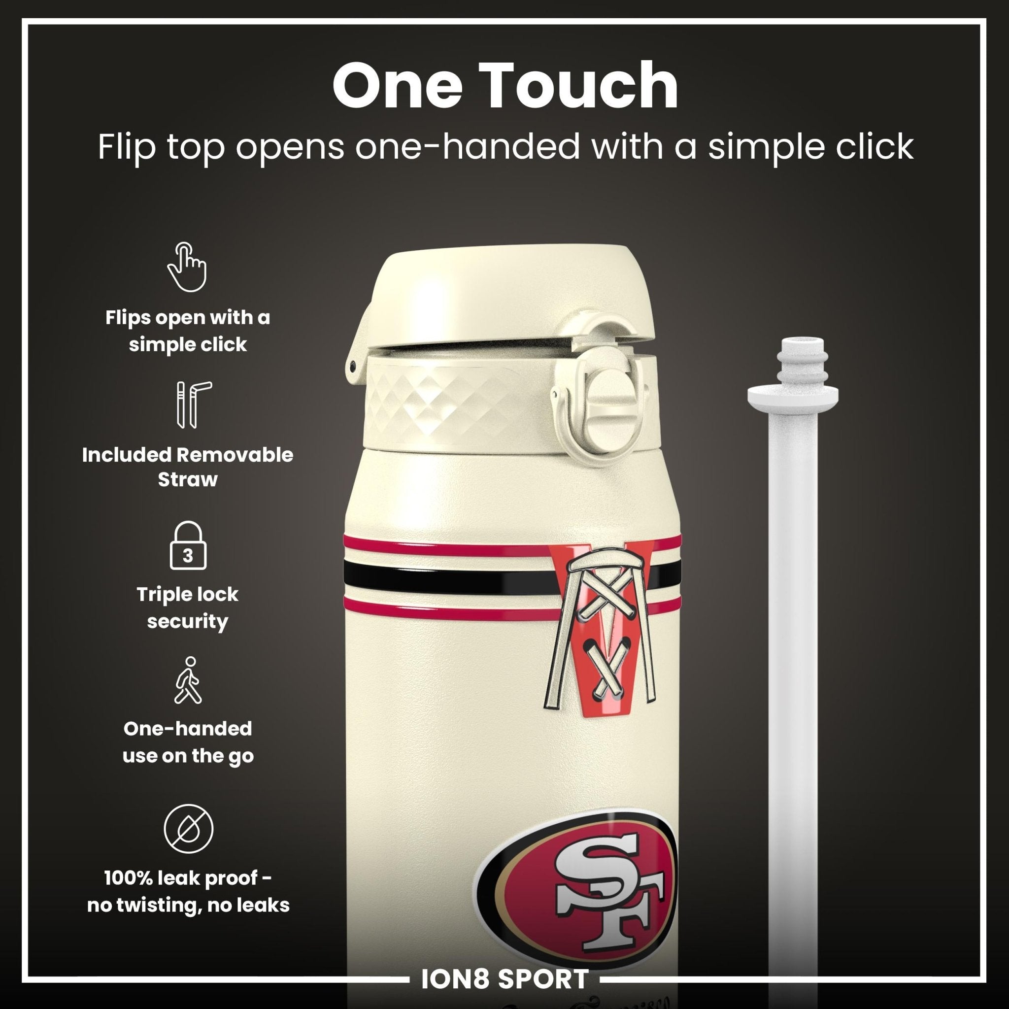 ION8 NFL 49ers insulated steel water bottle, 750ml (24oz), with team logo and sleek design for hot and cold beverages.