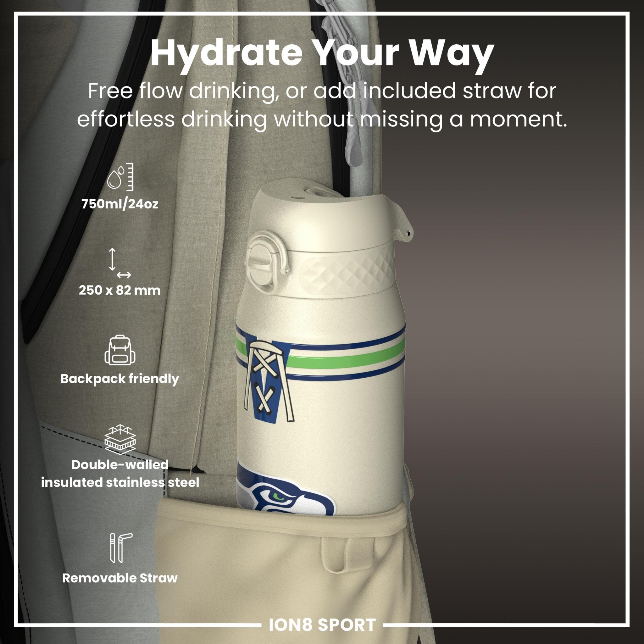 ION8 NFL Seahawks insulated steel water bottle, 750ml (24oz), durable design with Seahawks logo and leak-proof lid