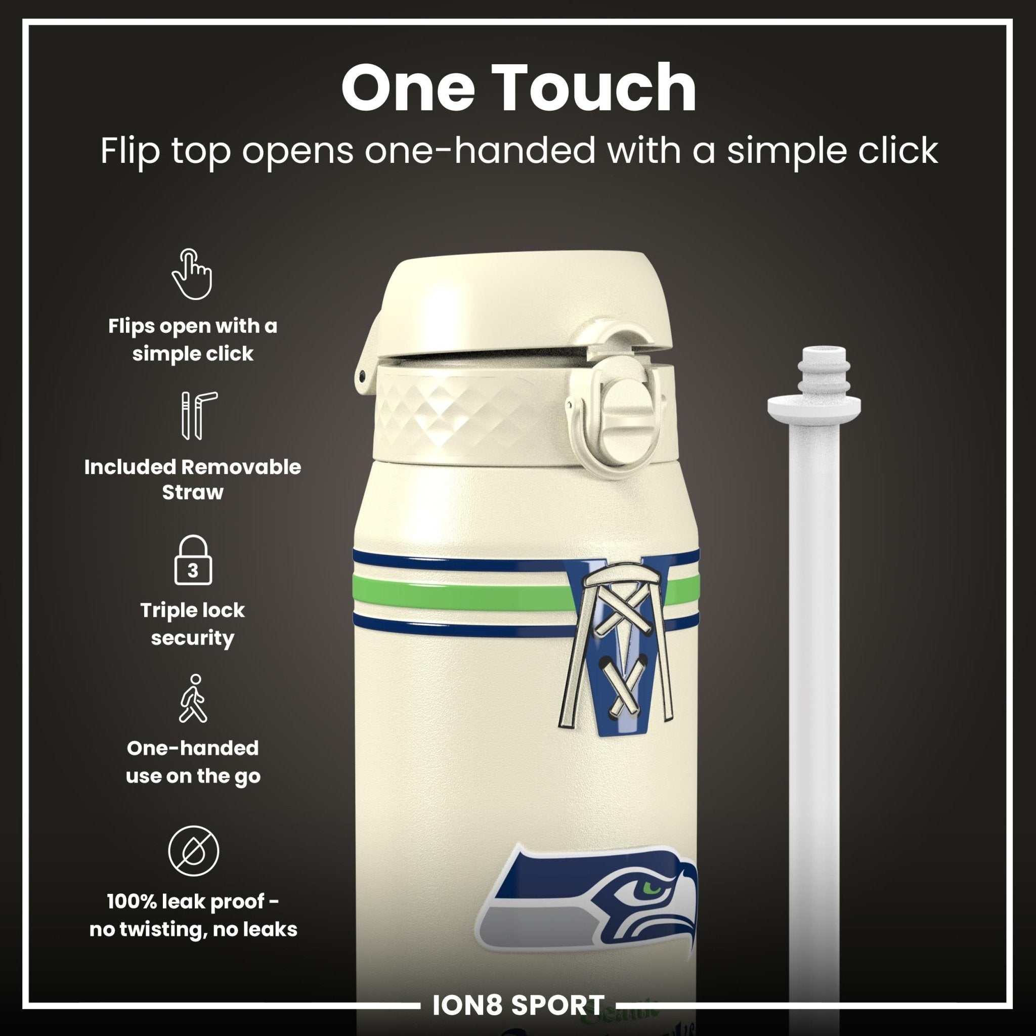NFL Seahawks insulated steel water bottle by ION8, 750ml, with Seahawks logo and stainless steel finish on a white background.