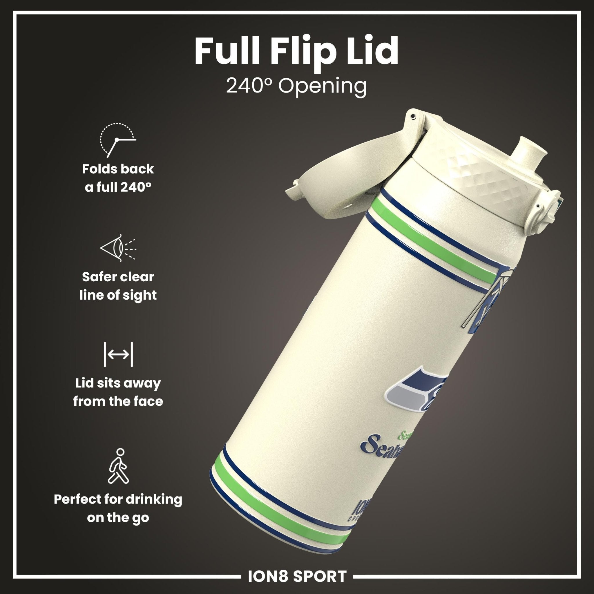 NFL Seahawks ION8 insulated steel water bottle, 750ml (24oz), with Seahawks logo and durable stainless steel design.