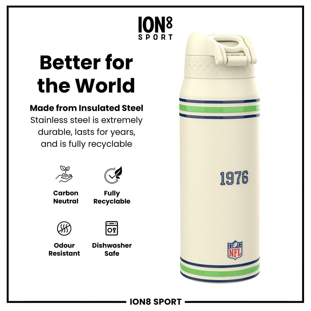 ION8 NFL Seahawks insulated steel water bottle, 750ml, durable design with team logo, perfect for sports and hydration.