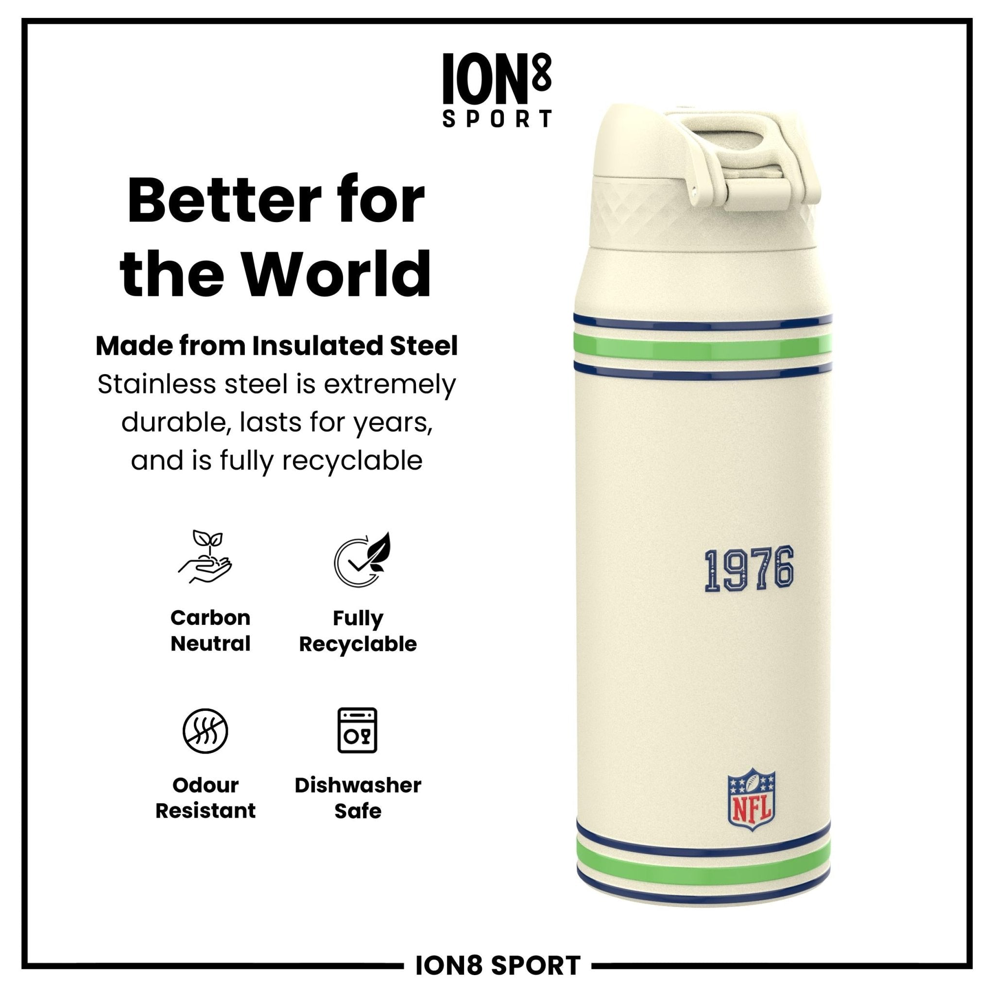 ION8 NFL Seahawks insulated steel water bottle, 750ml, durable design with team logo, perfect for sports and hydration.