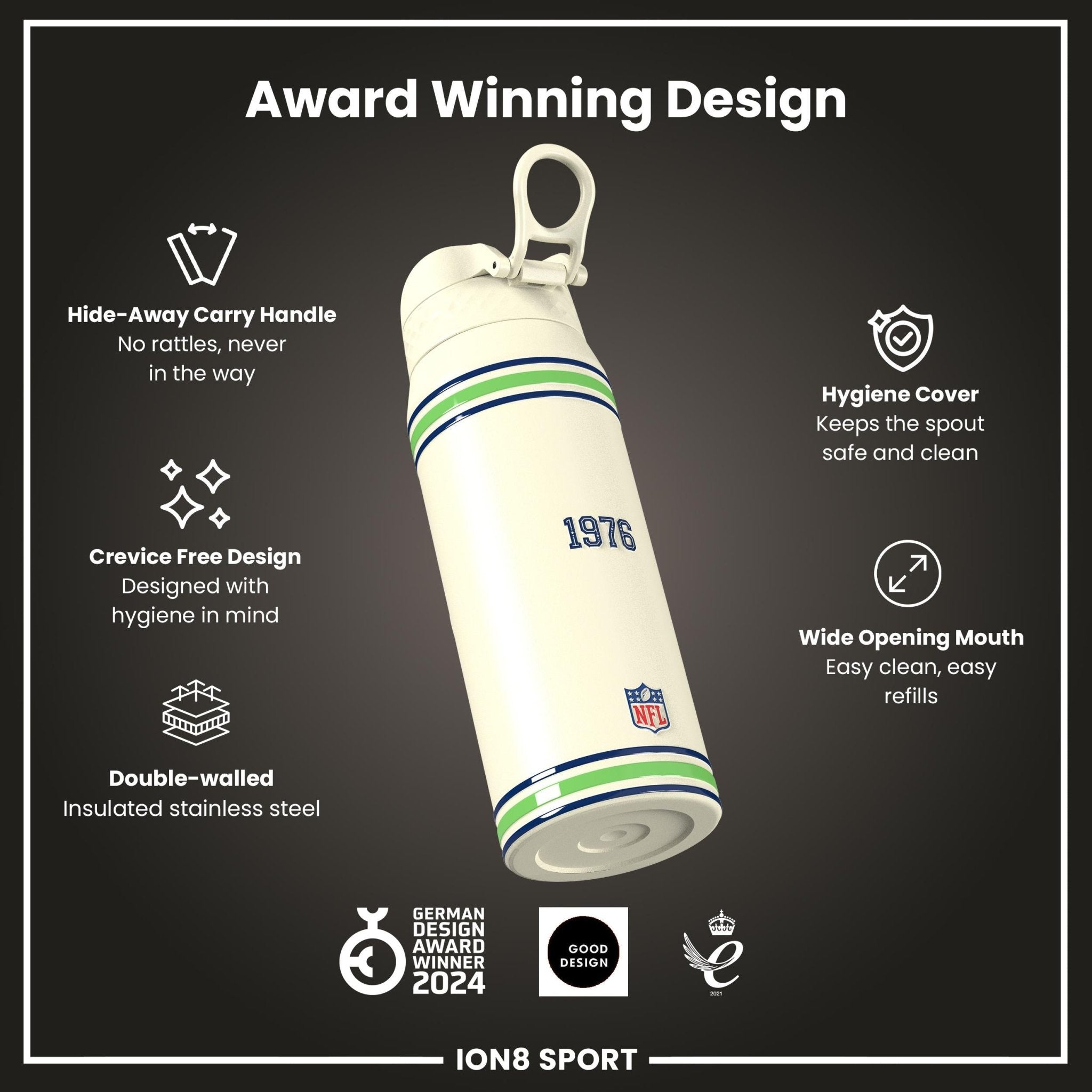 Ion8 NFL Seahawks insulated steel water bottle, 750ml, featuring Seahawks logo and durable design for hot and cold beverages.