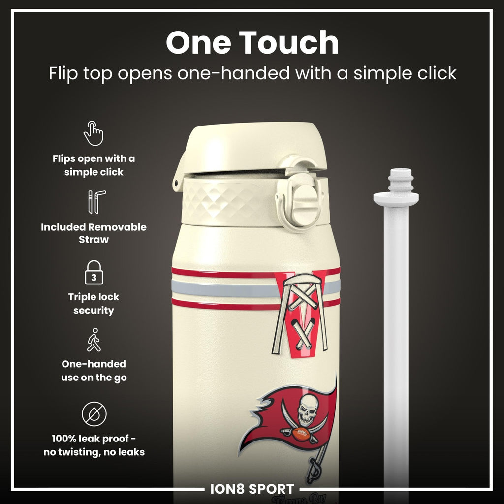 ION8 NFL Buccaneers insulated steel water bottle, 750ml, with team logo and durable design for hot and cold drinks.