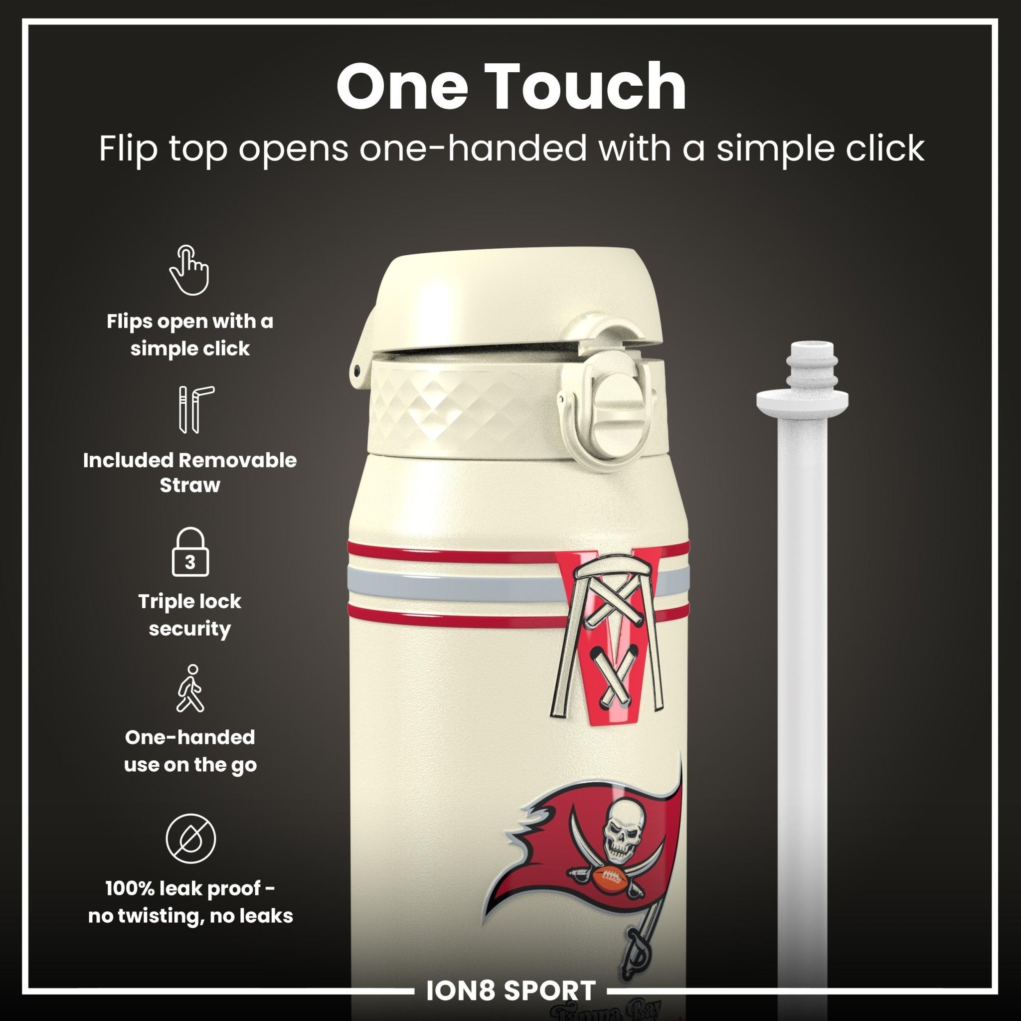 ION8 NFL Buccaneers insulated steel water bottle, 750ml, with team logo and durable design for hot and cold drinks.