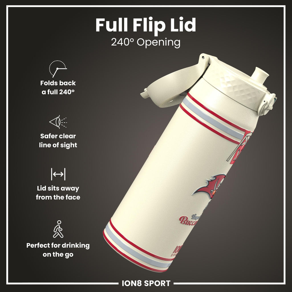 ION8 NFL Buccaneers insulated steel water bottle, 750ml, with team logo and leak-proof design, ideal for sports and outdoor use