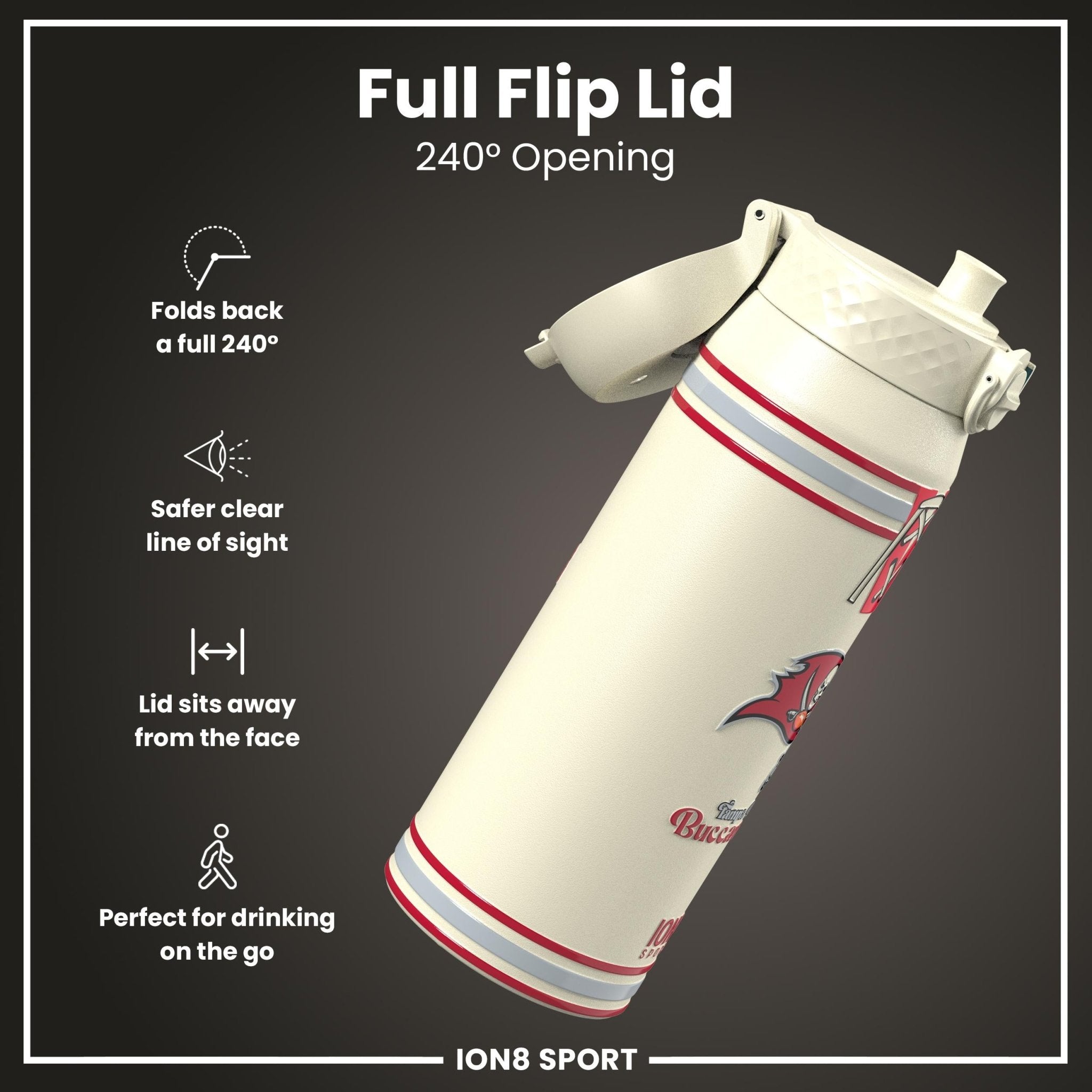 ION8 NFL Buccaneers insulated steel water bottle, 750ml, with team logo and leak-proof design, ideal for sports and outdoor use