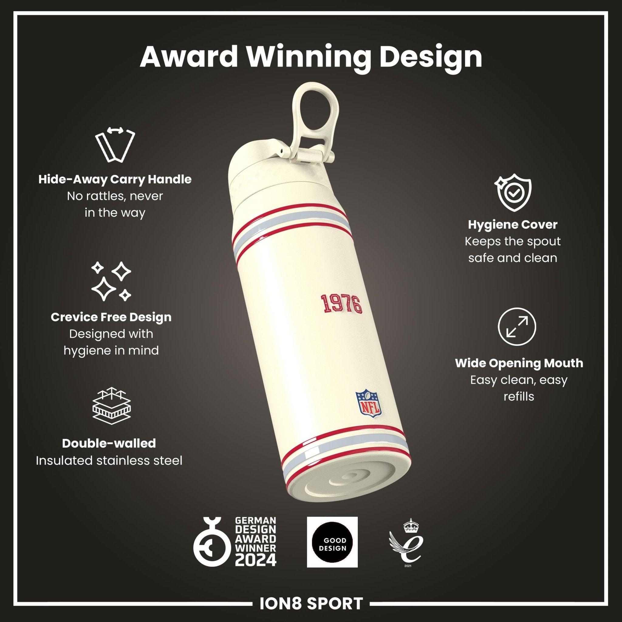 ION8 NFL Buccaneers insulated steel water bottle, 750ml (24oz), durable stainless steel with team logo and leak-proof design