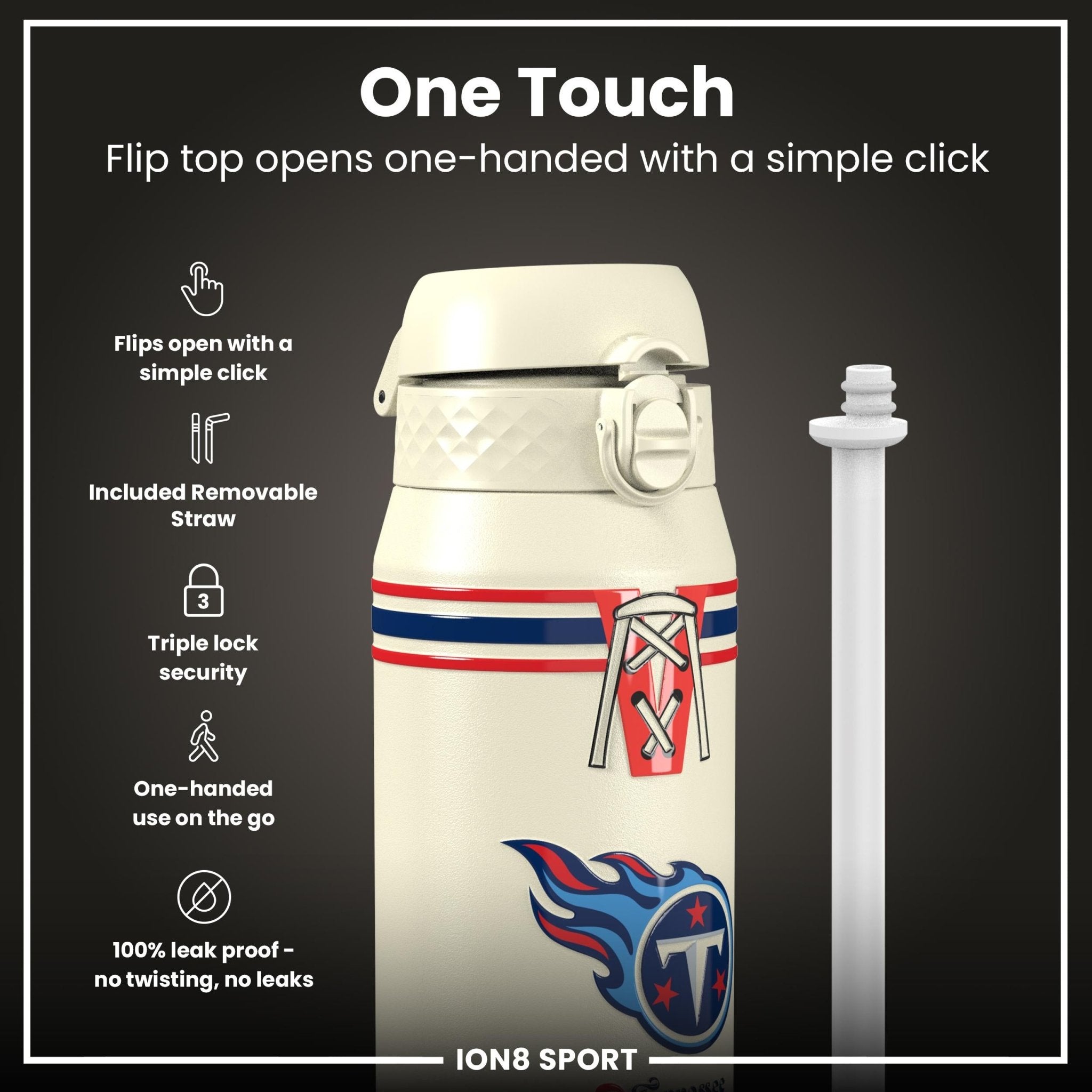 ION8 NFL Titans insulated steel water bottle, 750ml, with Titans logo and sleek design for hot and cold drinks.