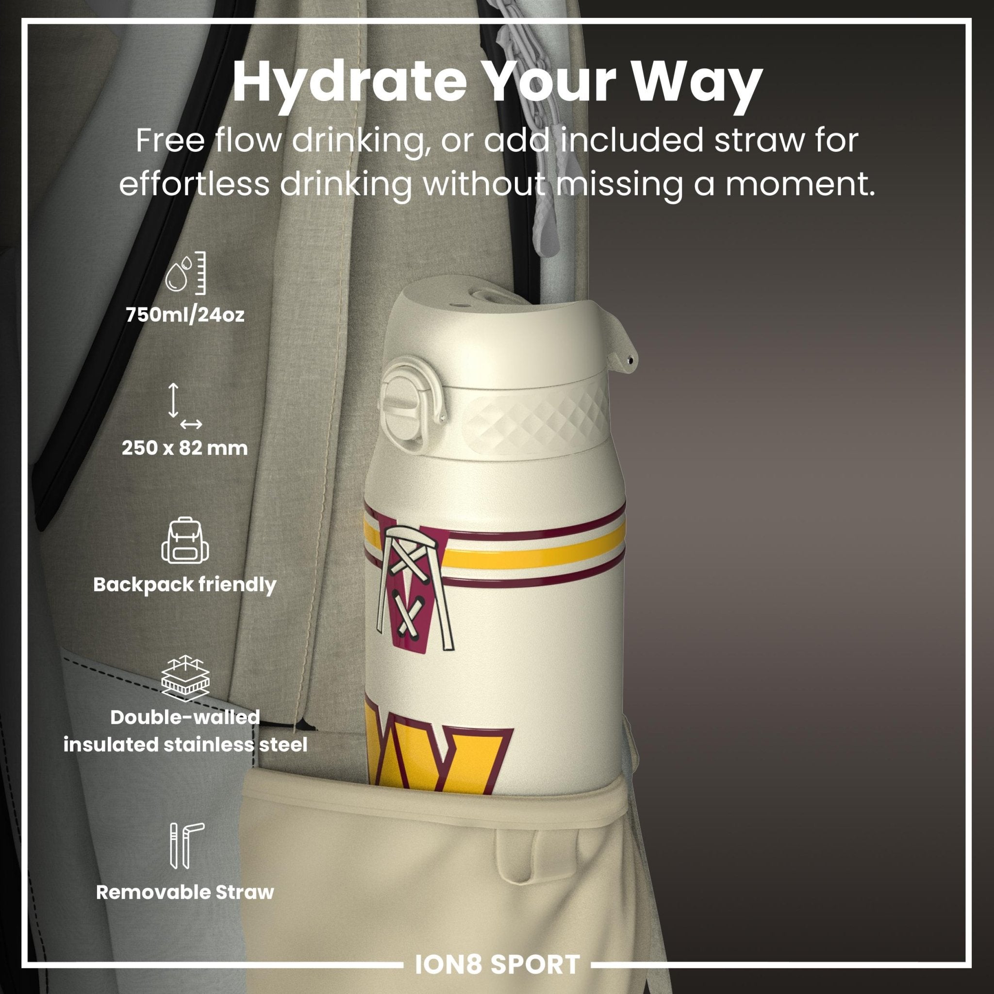 ION8 NFL Commanders insulated steel water bottle, 750ml (24oz) with team logo and stainless steel design.