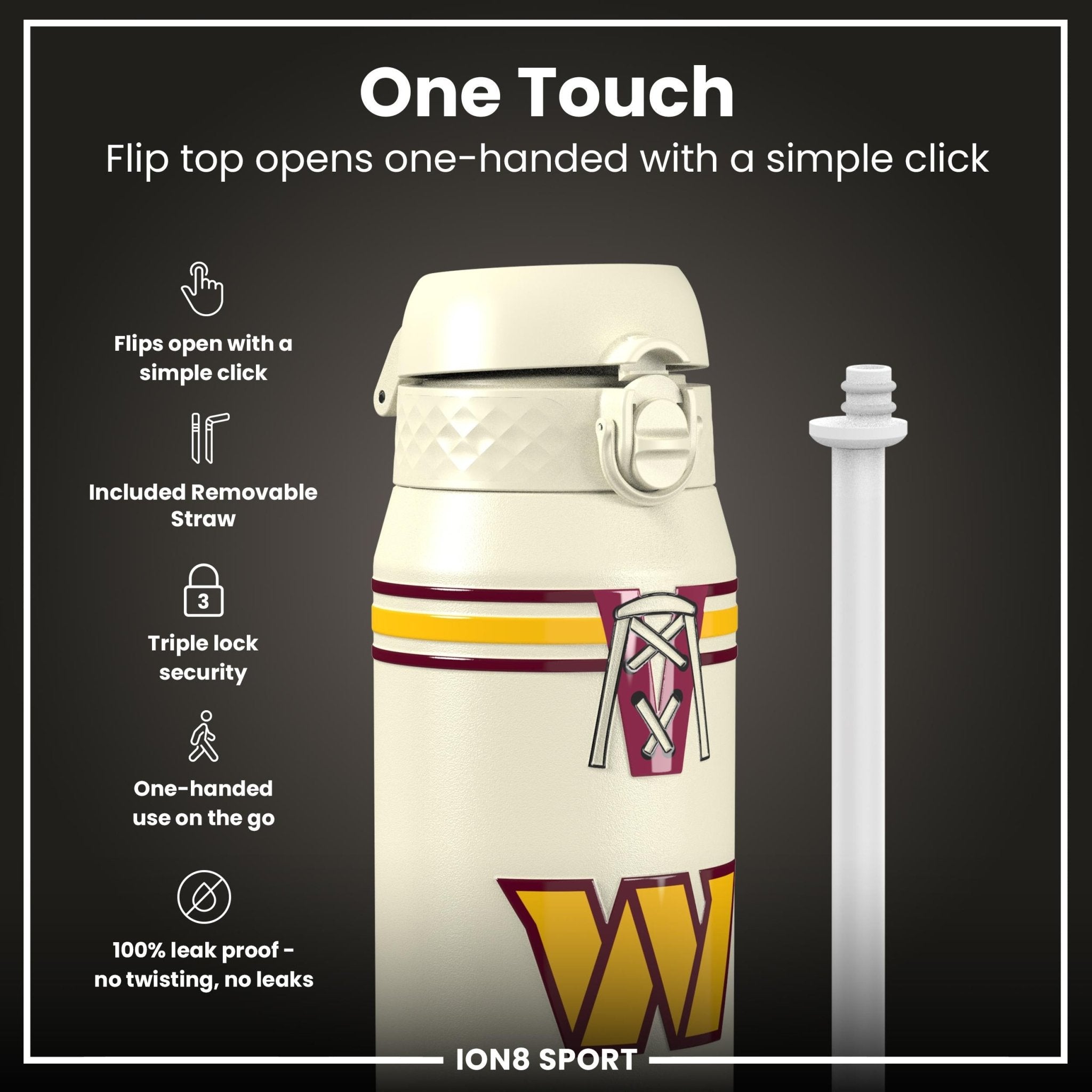 Ion8 NFL Commanders insulated steel water bottle, 750ml, with team logo and stainless steel body, perfect for keeping drinks cold.
