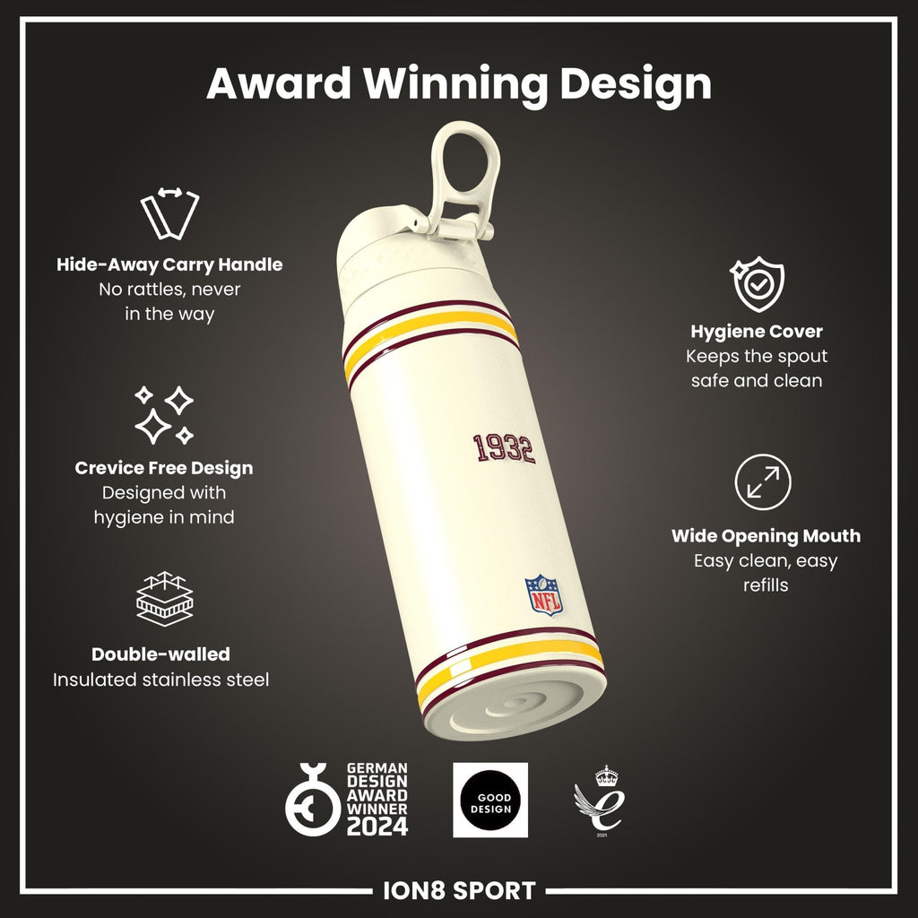 ION8 NFL Commanders insulated steel water bottle, 750ml (24oz), with team logo and stainless steel design for keeping drinks cold.