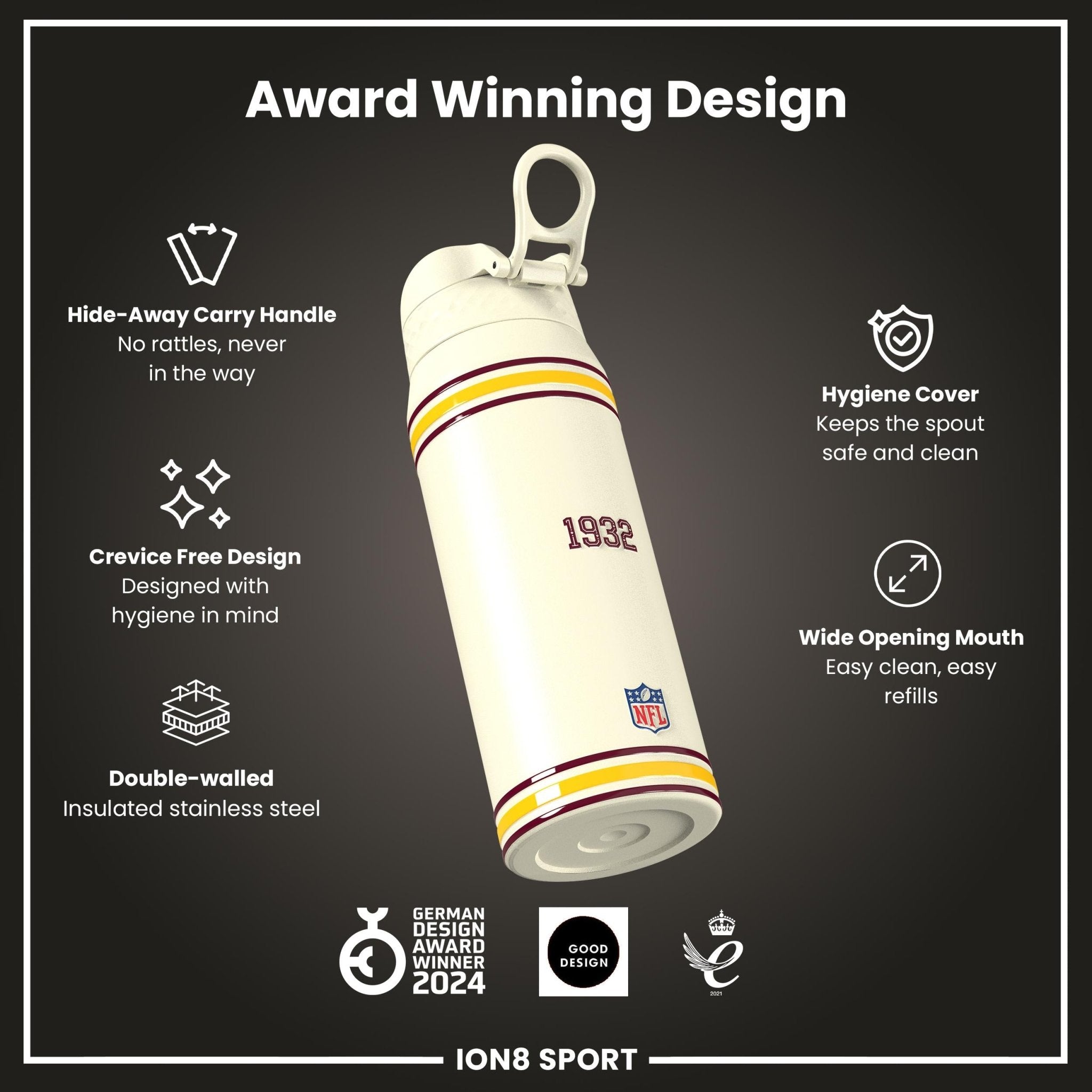 ION8 NFL Commanders insulated steel water bottle, 750ml (24oz), with team logo and stainless steel design for keeping drinks cold.