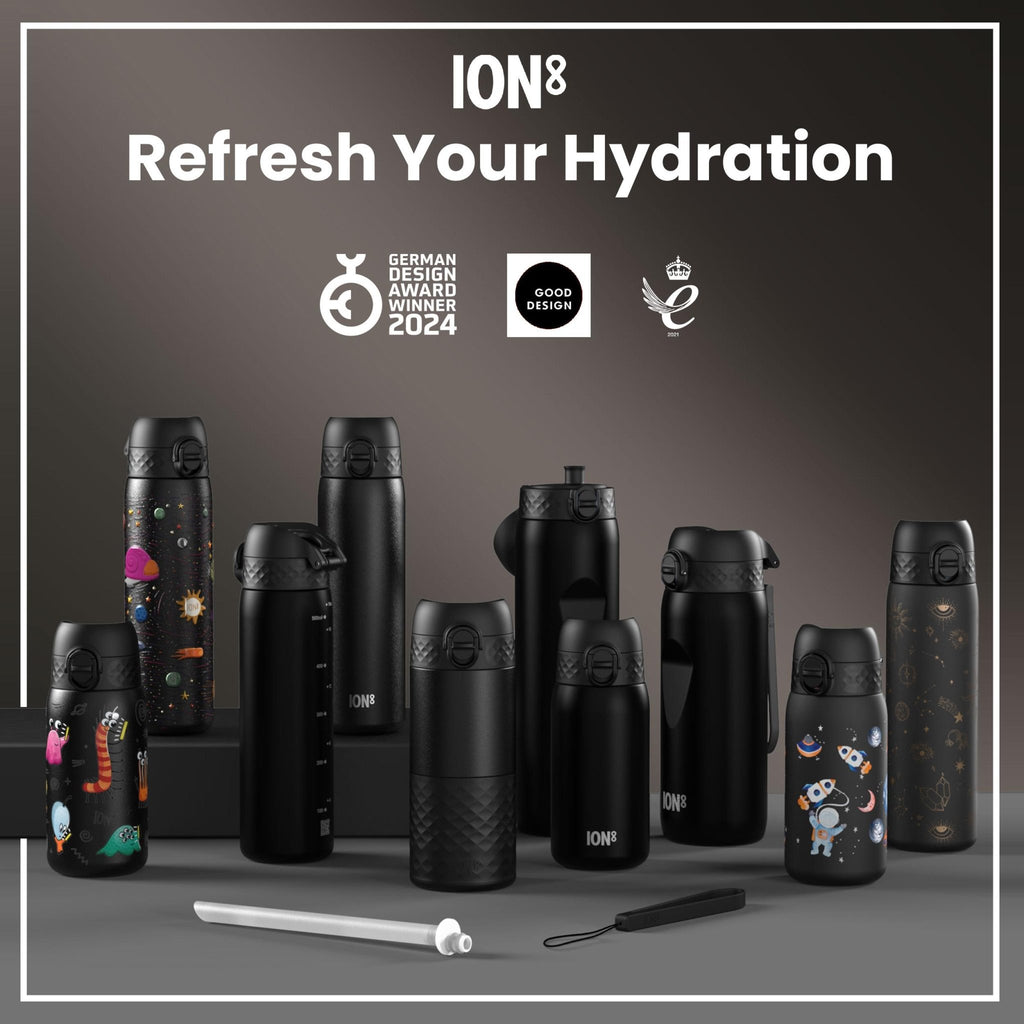 Black lightweight sling bottle bag by ION8, designed for carrying drinks conveniently with adjustable strap and compact style.