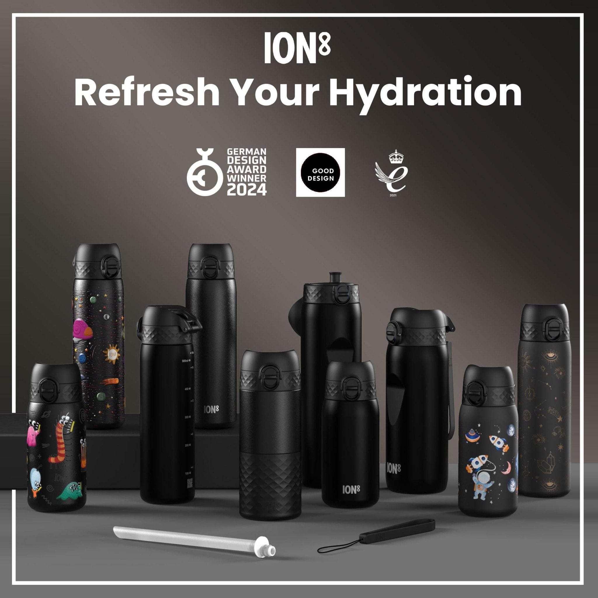Black lightweight sling bottle bag by ION8, designed for carrying drinks conveniently with adjustable strap and compact style.