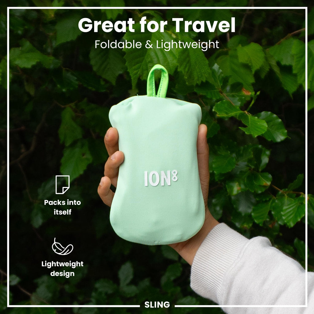 ION8 sling bag with bottle holder, compact and lightweight, featuring adjustable strap and durable design for outdoor use.