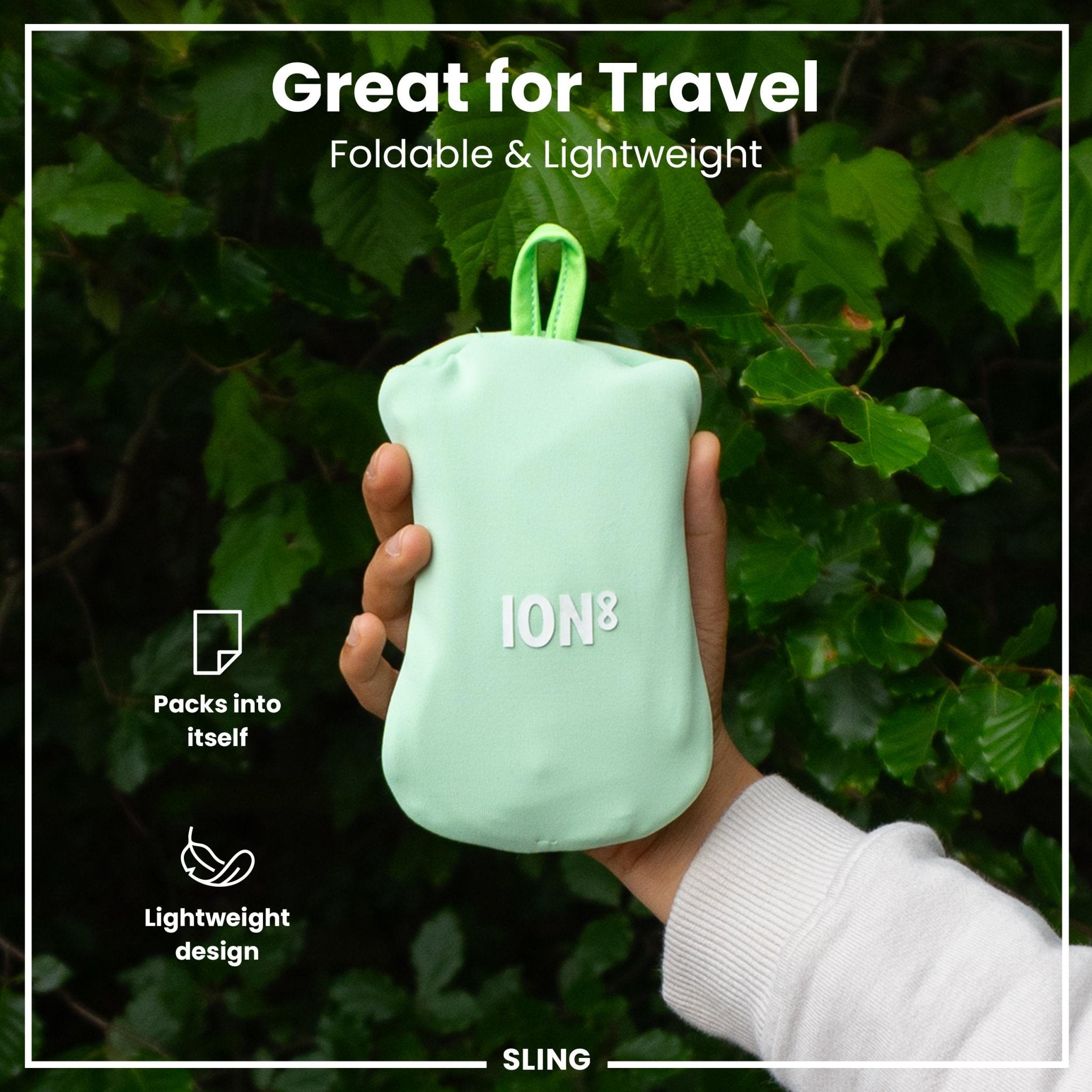Green ION8 lightweight sling bottle bag from the Xtras & Add-Ons collection, showing its compact design and adjustable strap.
