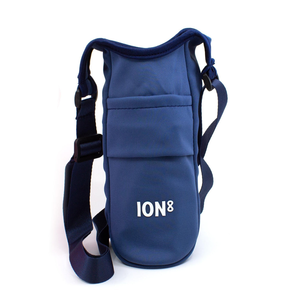 Navy lightweight sling bottle bag by ION8, showing its compact design and adjustable strap for easy carrying.