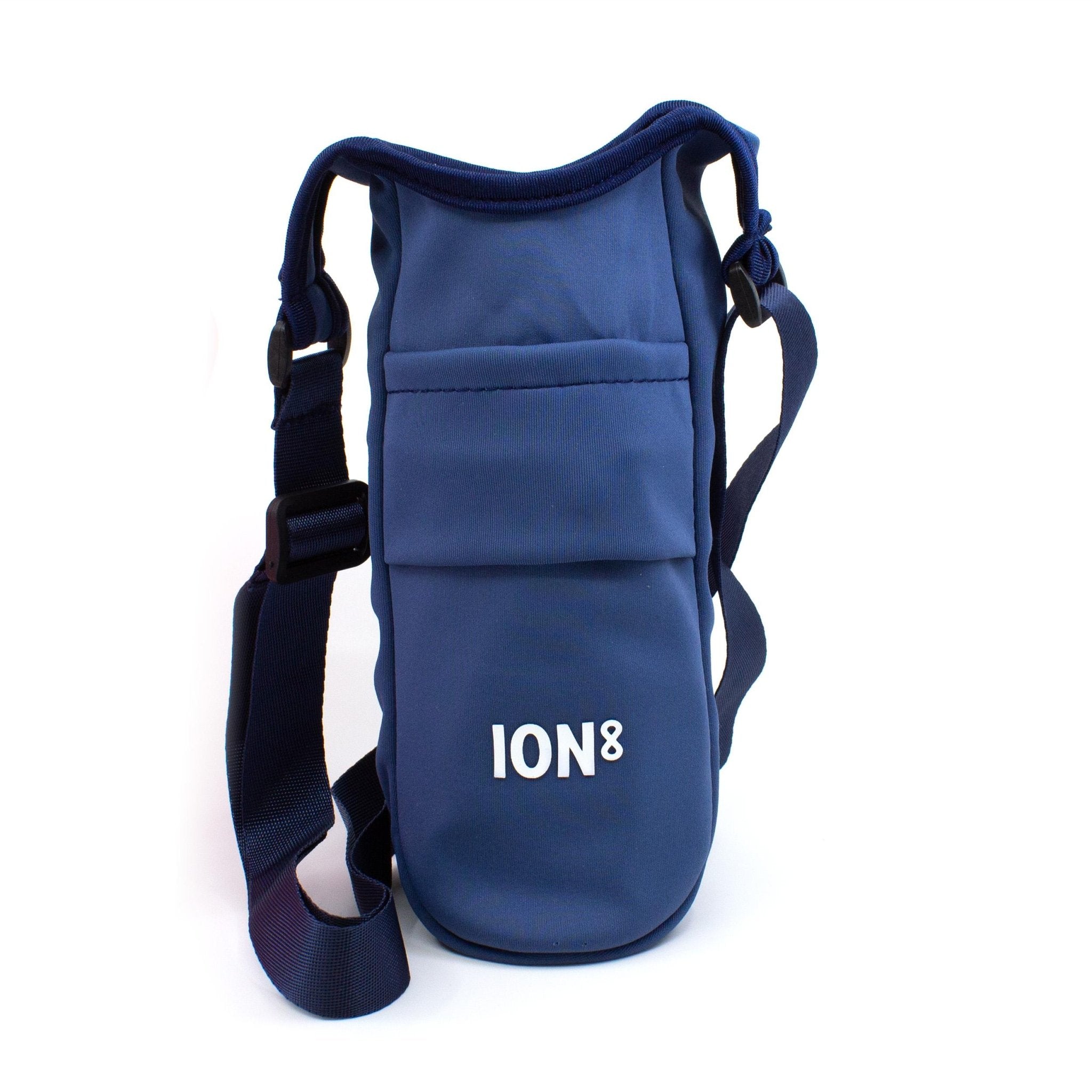 Navy lightweight sling bottle bag by ION8, showing its compact design and adjustable strap for easy carrying.