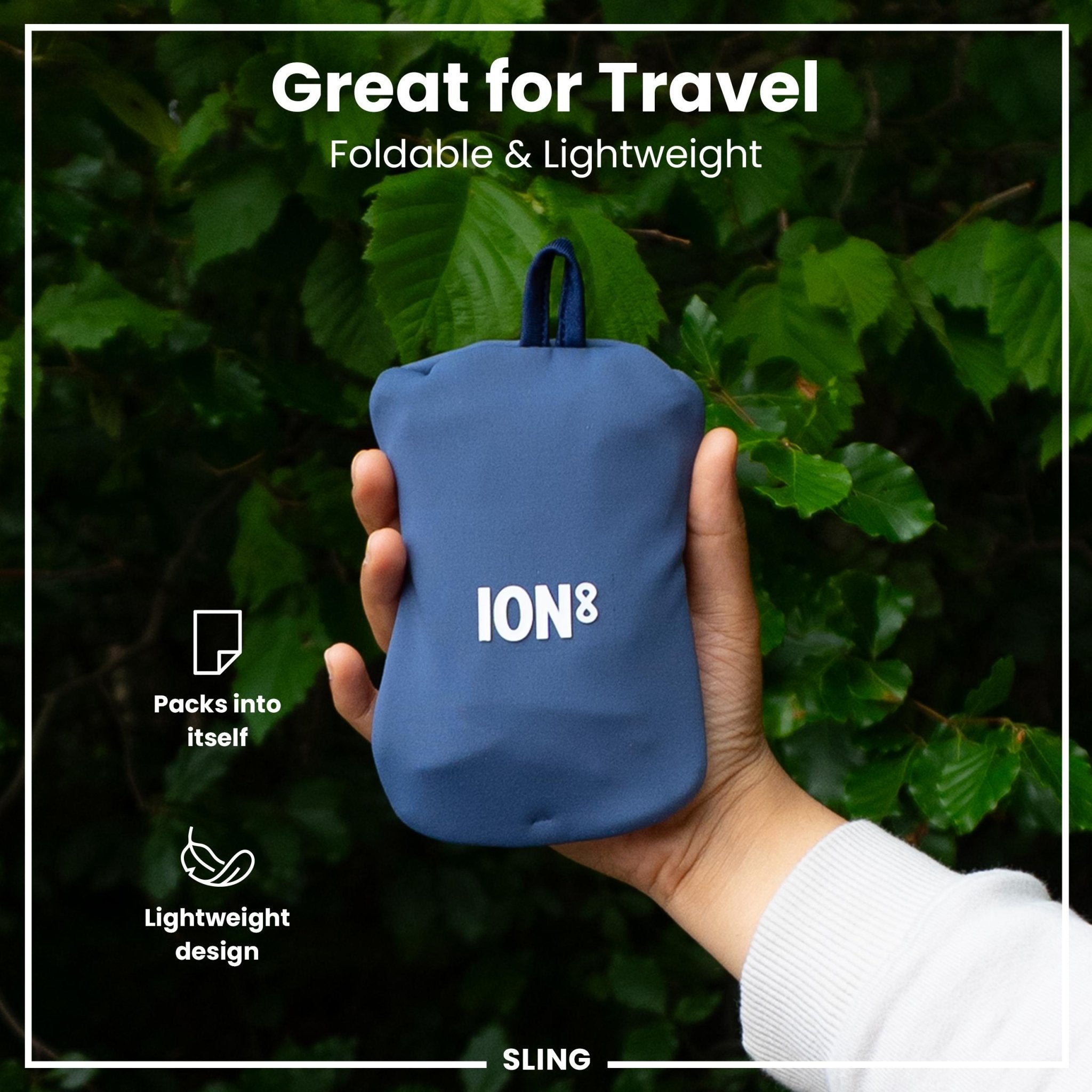 Navy ION8 sling bag with bottle holder, compact and lightweight outdoor accessory, casual travel essential for on-the-go hydration and storage.